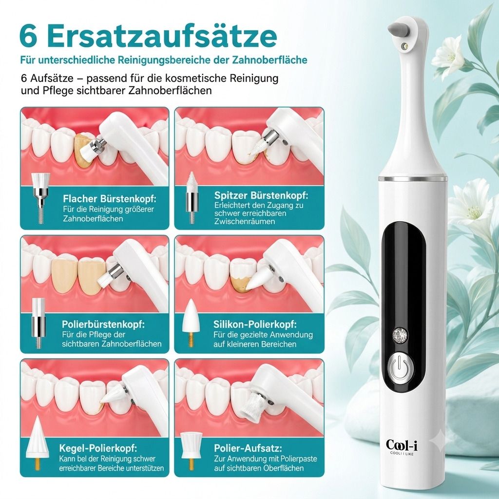COOL-i Zahnpolierer mit 6 austauschbaren Aufsätzen zur kosmetischen Zahnreinigung.
