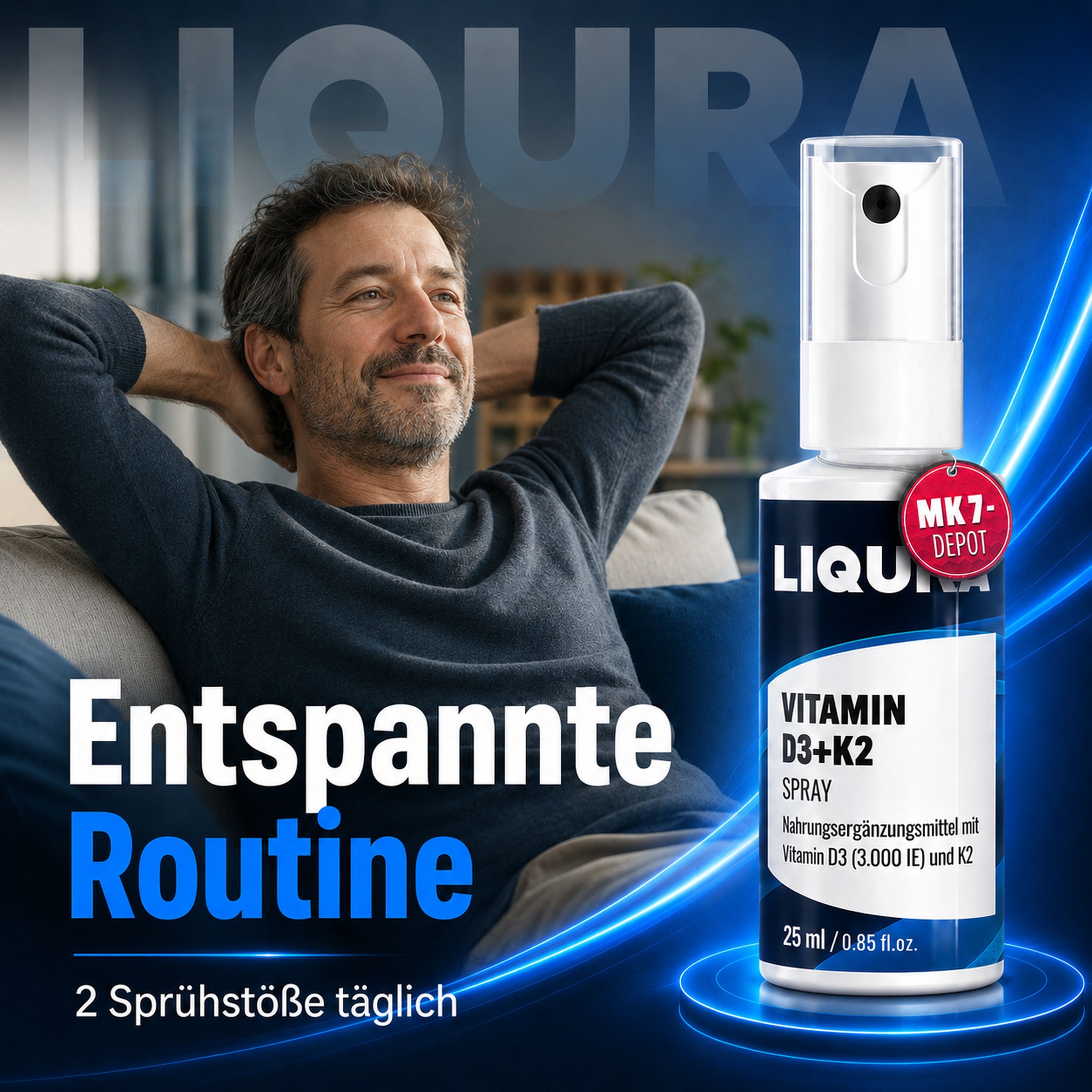 Mann entspannt auf Sofa mit LIQURA Vitamin D3+K2 Spray. Entspannte Routine.