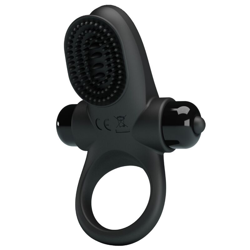 Schwarzer Penisring mit Ring, Vibrationsaufsatz und Noppen. CE-Zeichen.