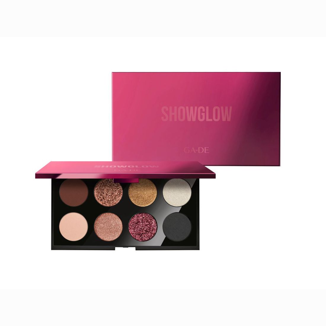 Lidschatten-Palette mit acht runden Farbtönen. Schwarzer Rahmen, pinkfarbene Verpackung mit "SHOWGLOW" und "GA-DE" Schriftzug.