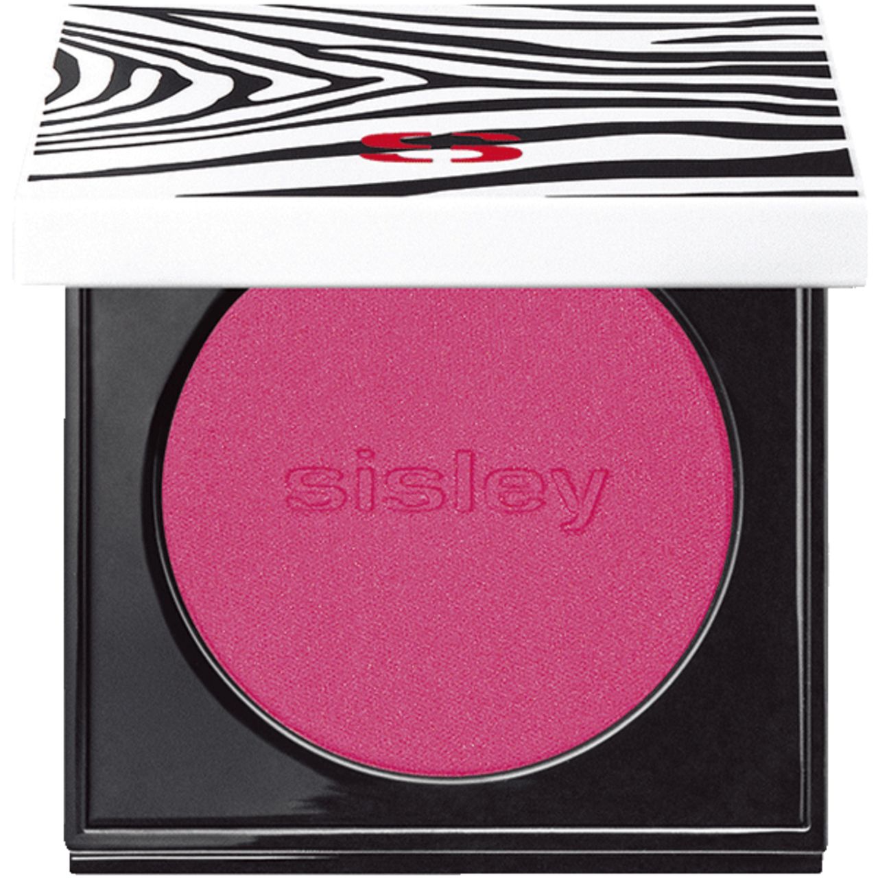 Rouge in schwarzem quadratischen Behälter. Deckel mit Zebra-Muster und Sisley-Logo. Rosa Rouge mit Sisley-Schriftzug.