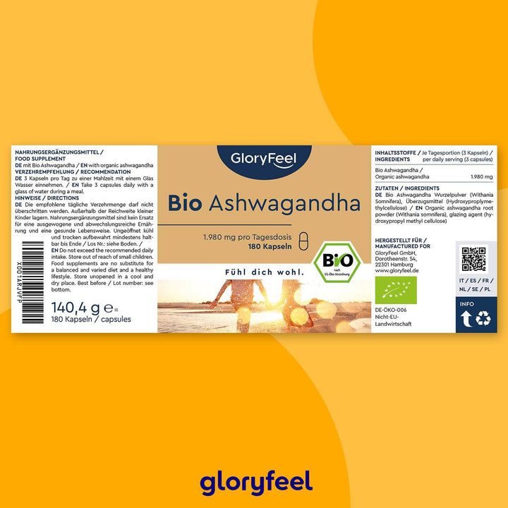 Verpackung "GloryFeel Bio Ashwagandha". Enthält 180 Kapseln. Text und Bio-Siegel.