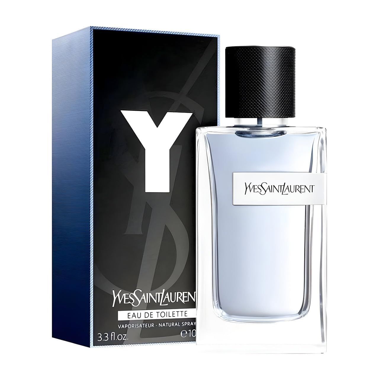 Yves Saint Laurent Y Men E.d.T. Vapo und Verpackung. Flakon und Box mit Y-Logo. Schwarzer Flakonverschluss.