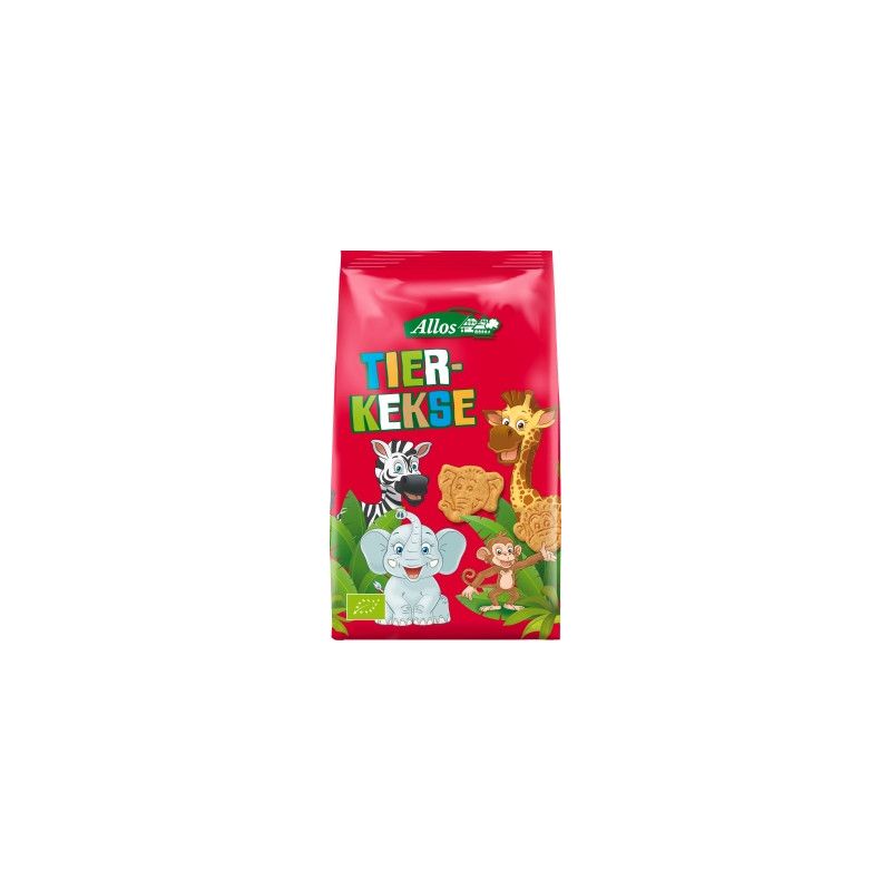 Rote Verpackung mit Aufdruck "TIER-KEKSE". Abbildung von Tierkeksen und Illustrationen von Tieren. Marke Allos.