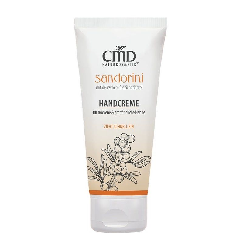 Creme-Tube mit Produktnamen und Logo. Text: Handcreme für trockene und empfindliche Hände. Illustration von Beeren.