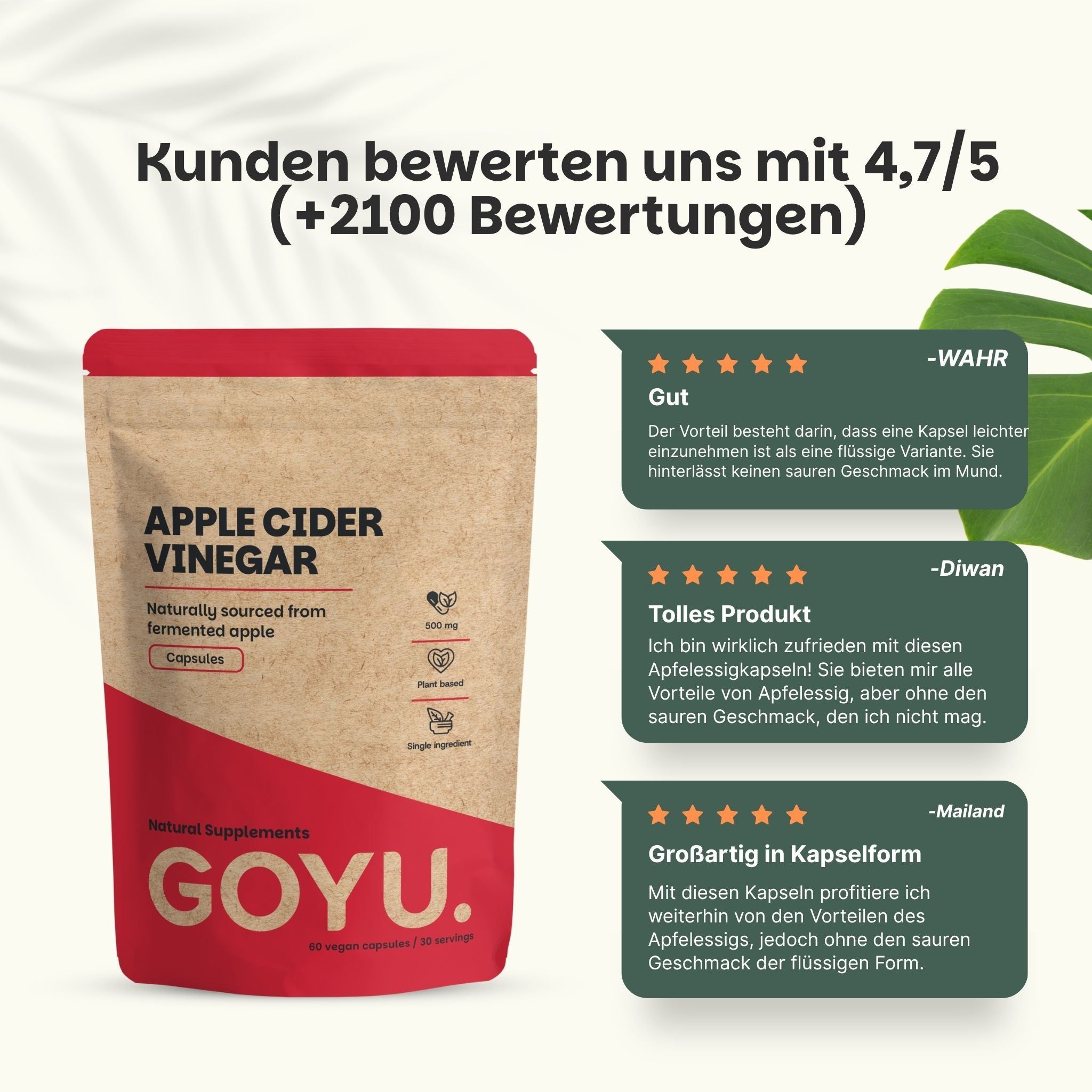 Braune Standbodenbeutel mit Apfelessig-Kapseln, Äpfel und Kapseln.