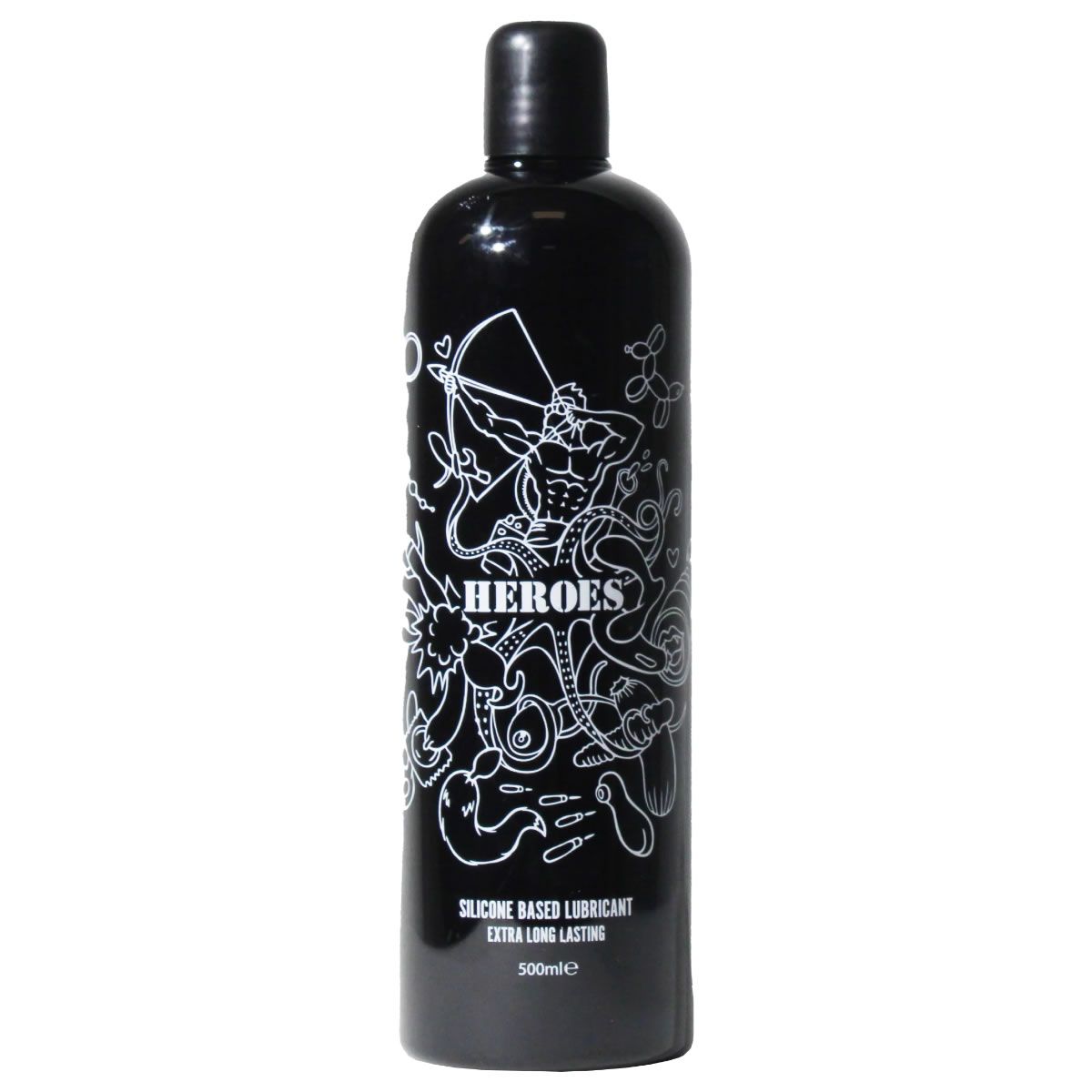 Schwarze Flasche mit weißer Illustration und Schriftzug "HEROS". Enthält "SILICONE BASED LUBRICANT".