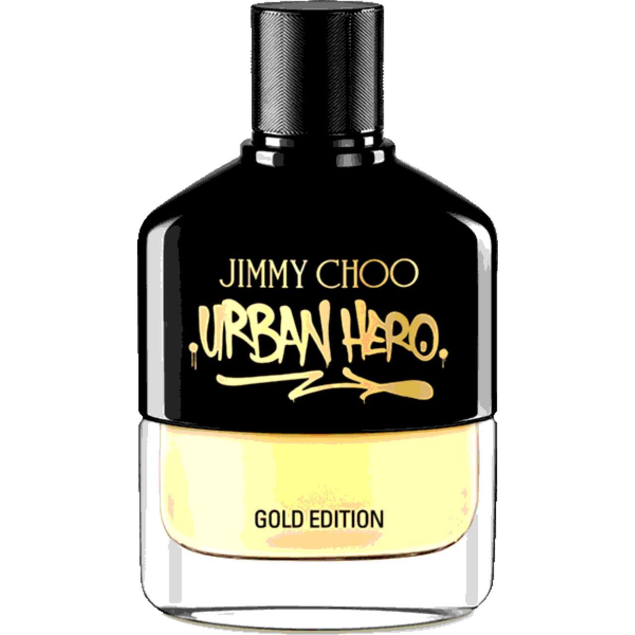 Jimmy Choo Urban Hero Gold Edition Eau de Parfum Flakon mit schwarzem Verschluss und goldener Schrift.