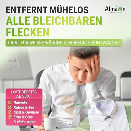 Mann mit Fleck auf Hemd, daneben Hemd und AlmaWin Werbung für Fleckenentfernung.