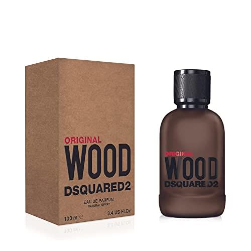 Braune Flasche und Verpackung. Aufschrift: Original Wood Dsquared2. Verpackung mit Text.