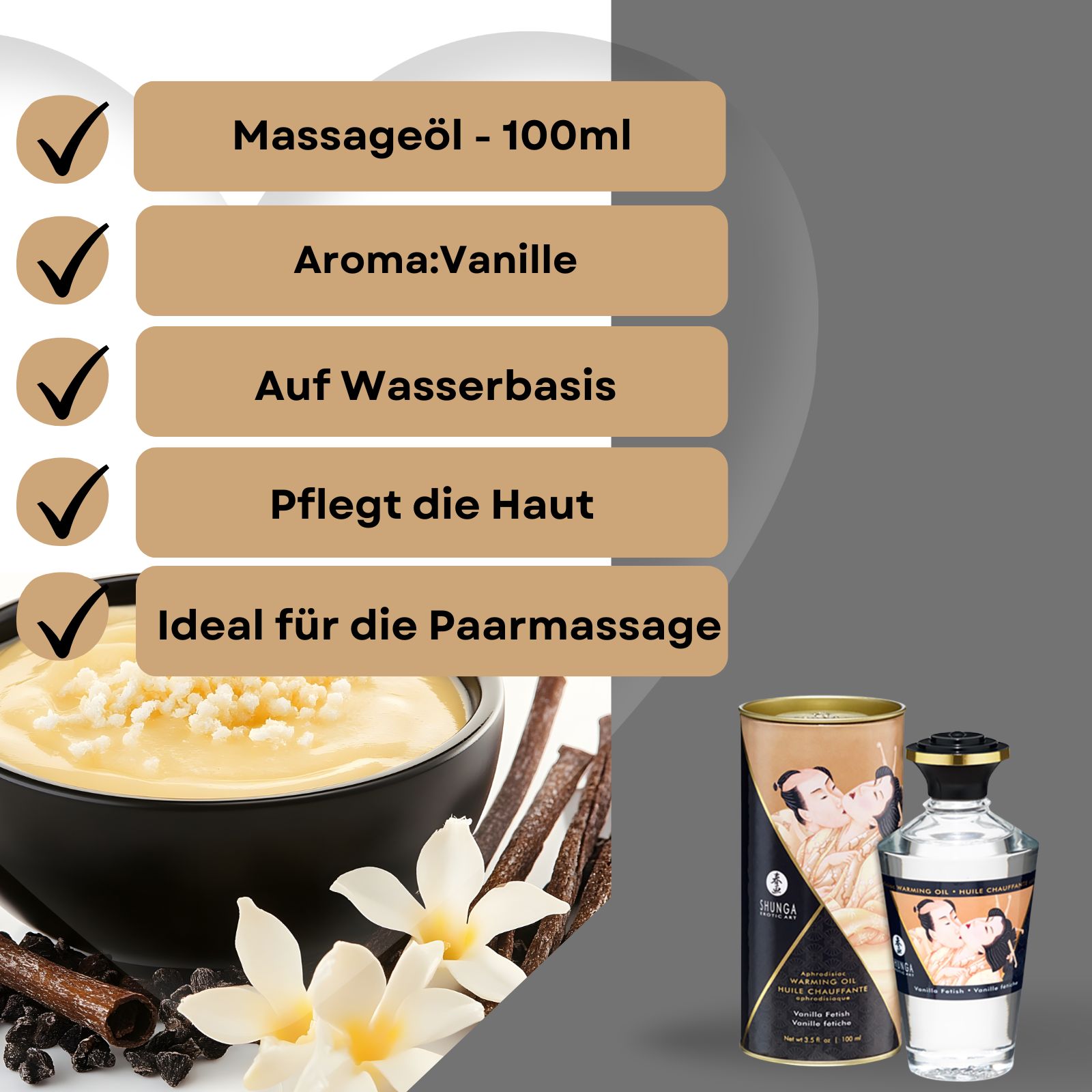 Produktabbildung mit Massageöl, Vanille, Blüten und Zutaten. Text: Massageöl, Aroma: Vanille, Auf Wasserbasis, Pflegt die Haut, Ideal für die Paarmassage.