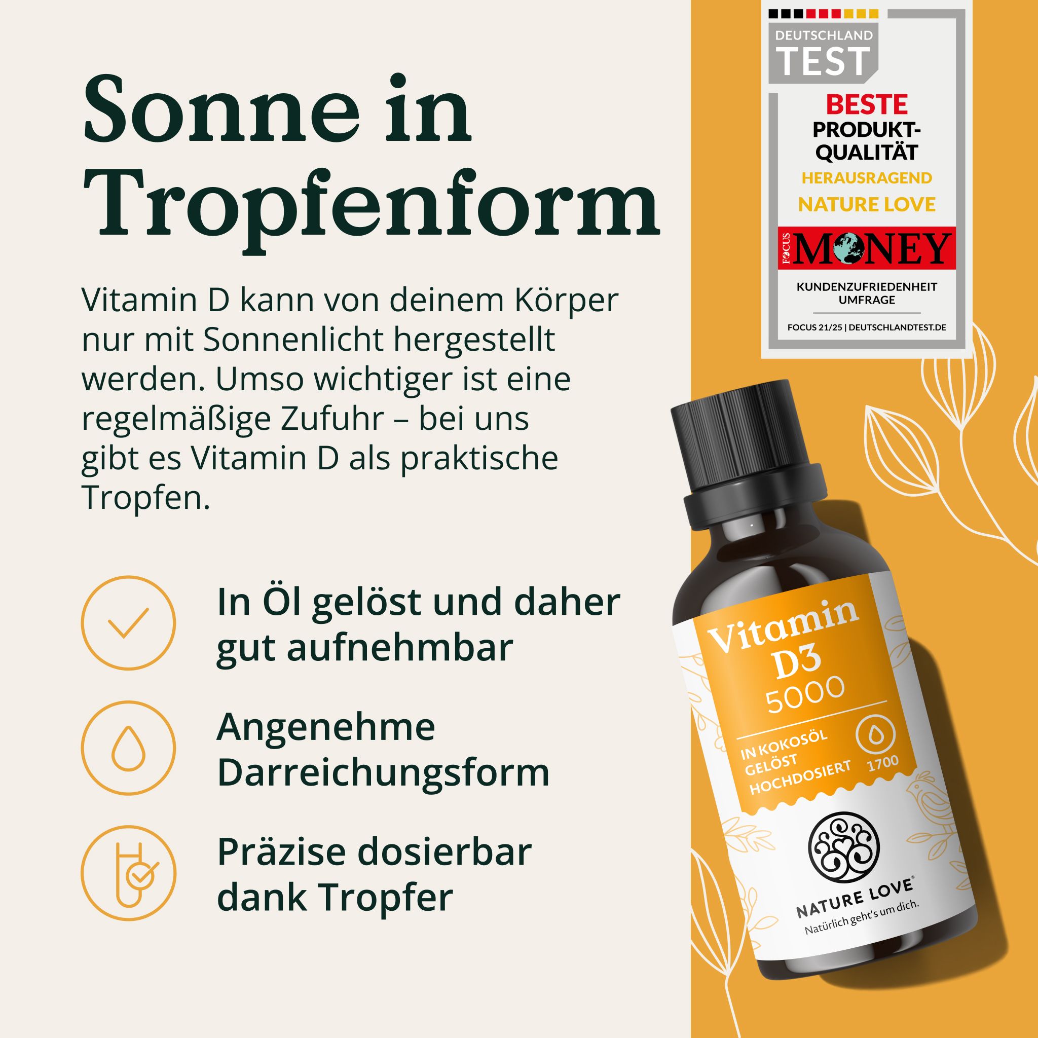 NATURE LOVE® Vitamin D3 5000 (50ml flüssig) - Laborgeprüfte 5000 I.E. pro Tropfen - in MCT-Öl Kokos