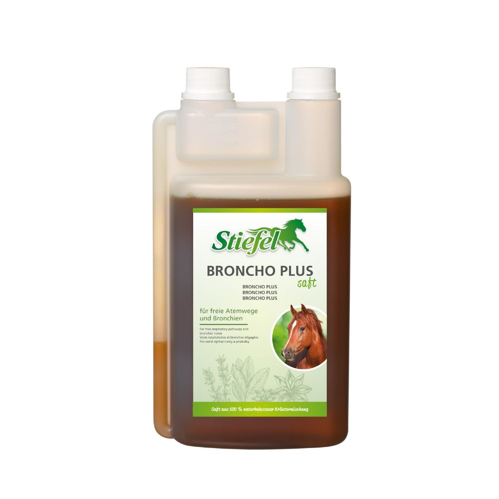 Flasche mit brauner Flüssigkeit. Aufkleber mit Produktnamen, Logo und Pferdeabbildung. Text: Broncho Plus Saft.