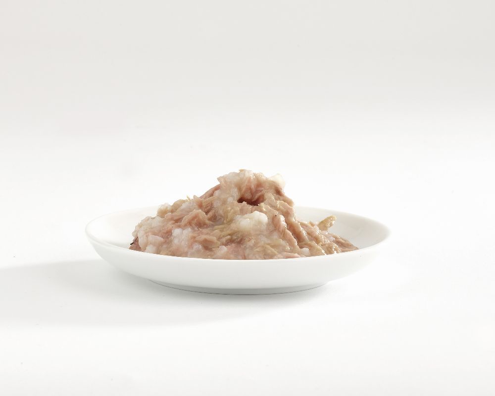 Haufen Thunfischfilet mit Lachs auf weißem Teller. Fischstücke sichtbar.
