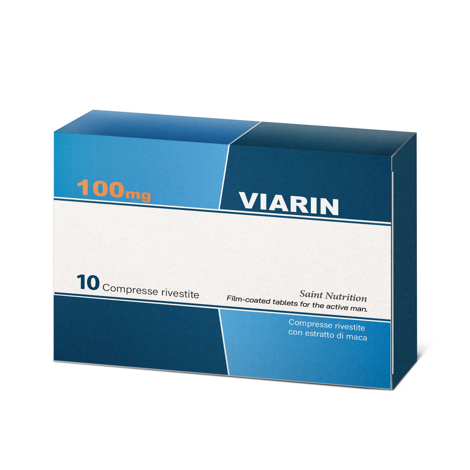 Confezione Viarin. Scatola blu con scritte bianche. Contiene 10 compresse rivestite. 100mg. Saint Nutrition.