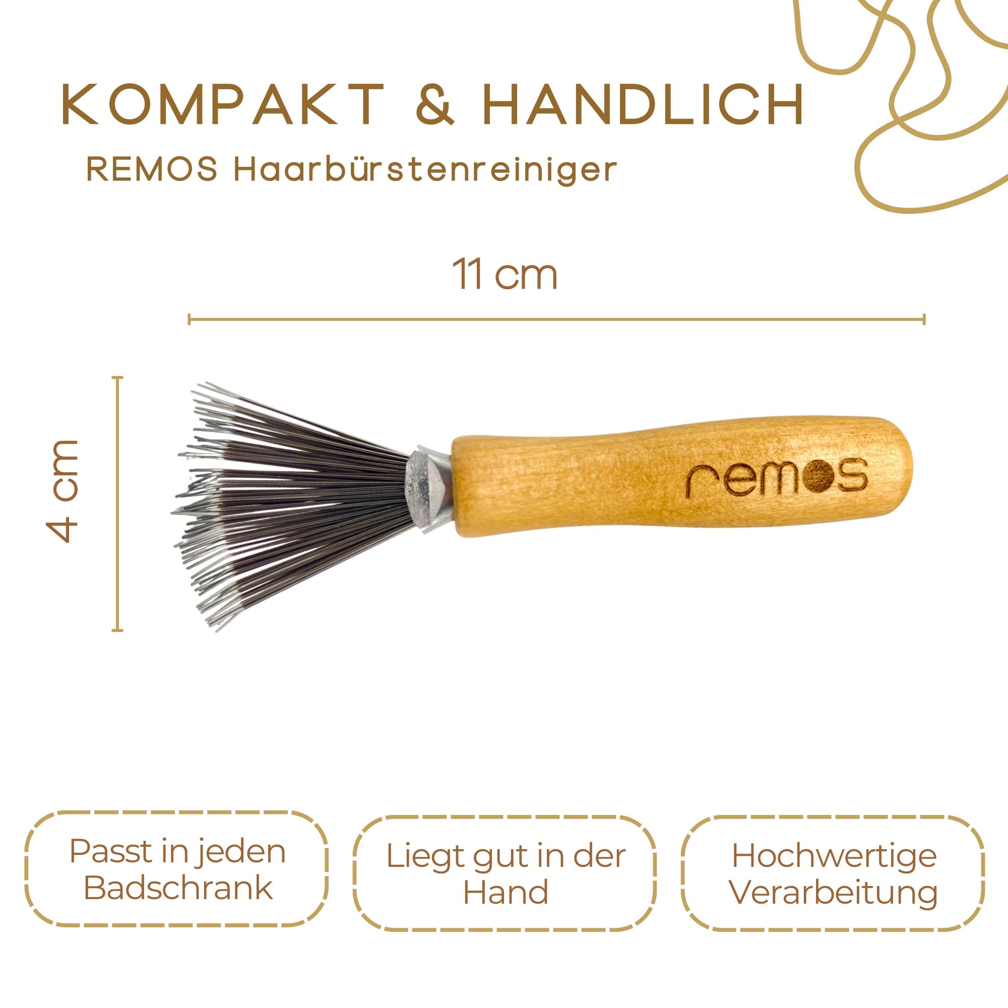 Kompakter REMOS Bürstenreiniger, 11 cm lang, 4 cm breit. Holzgriff.