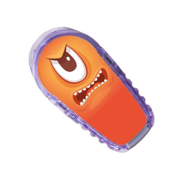 Orangefarbener Aufkleber mit Monstergesicht. Wütender Ausdruck, ein Auge. Rechteckige Form mit abgerundeten Ecken.
