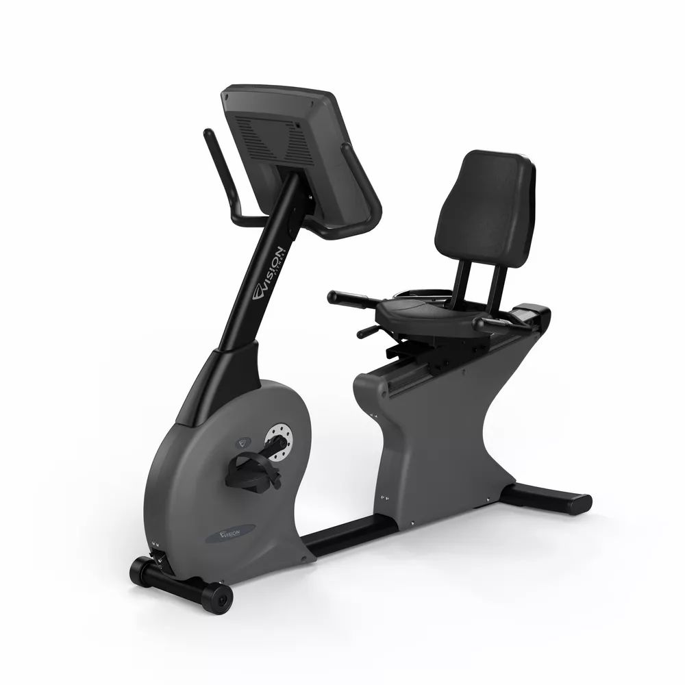 Graues Vision Fitness R600E Ergometer. Schwarzer Sitz und Rückenlehne. Digitales Display. Vision-Logo.
