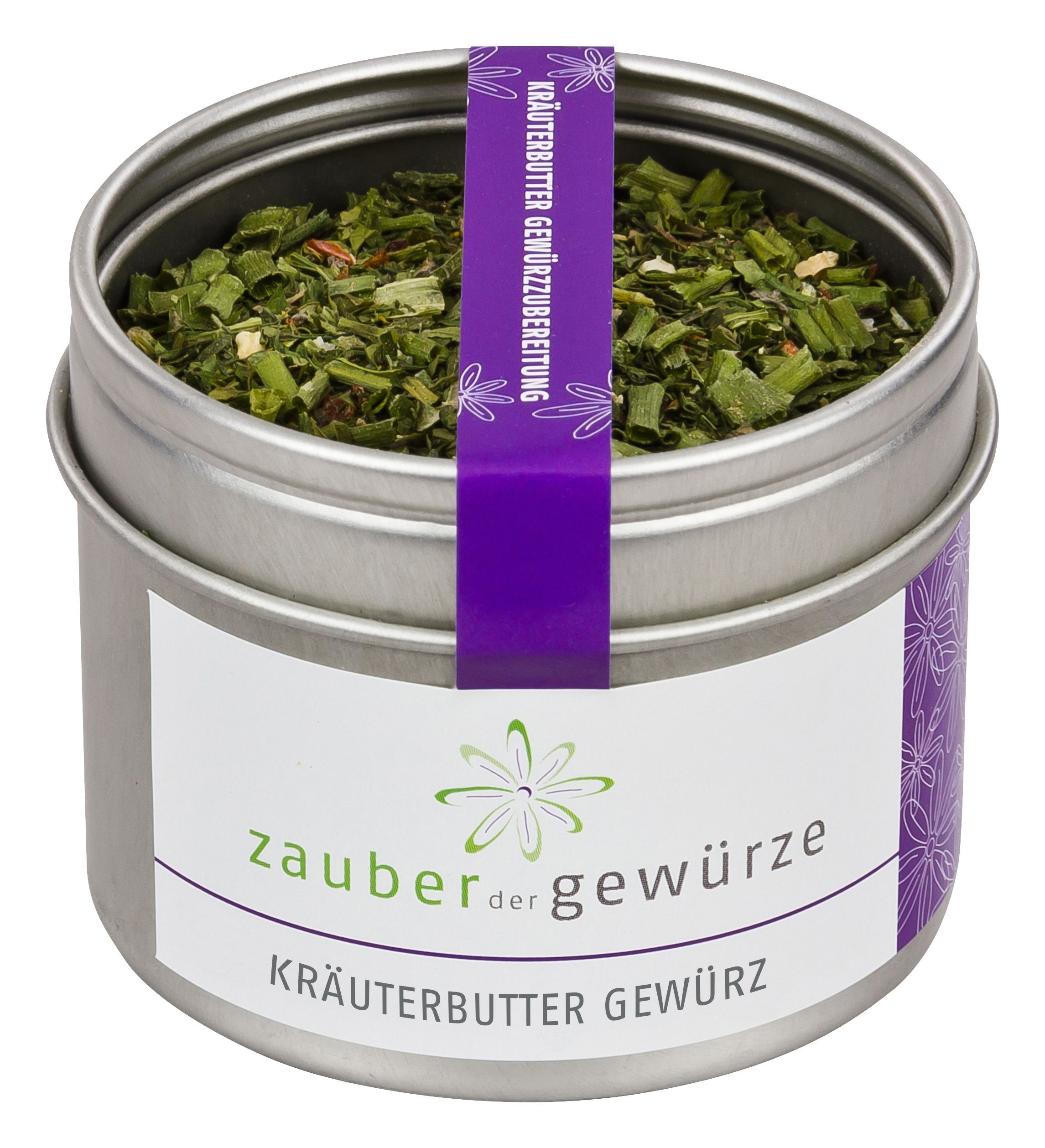 Runde Dose mit Kräuterbutter Gewürz. Aufkleber mit Produktname und Logo. Lila Band mit Text. Dose geöffnet, Gewürze sichtbar.