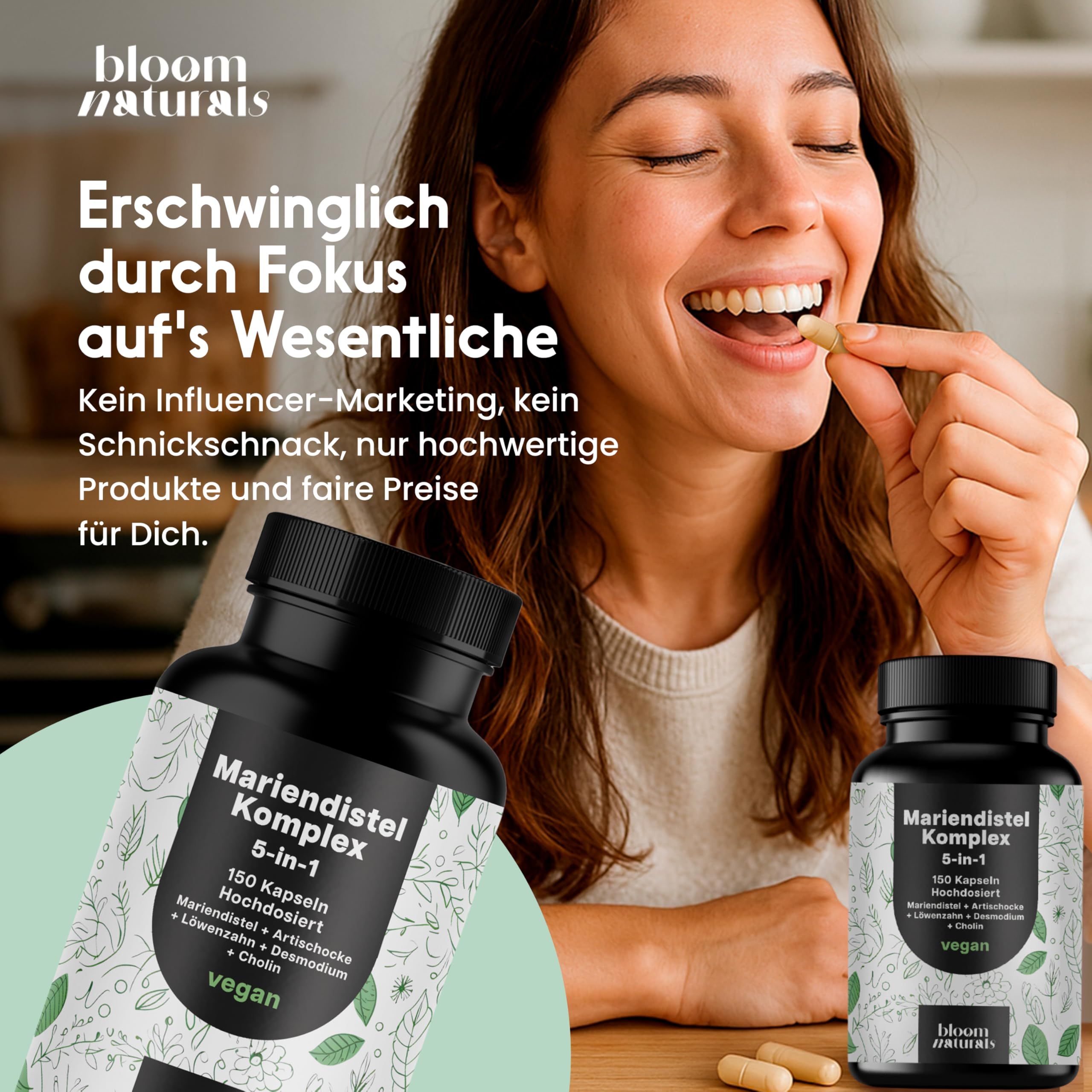 Zwei Flaschen und Kapseln. Text: Erschwinglich durch Fokus aufs Wesentliche. Aufschrift: Mariendistel Komplex 5-in-1, vegan.