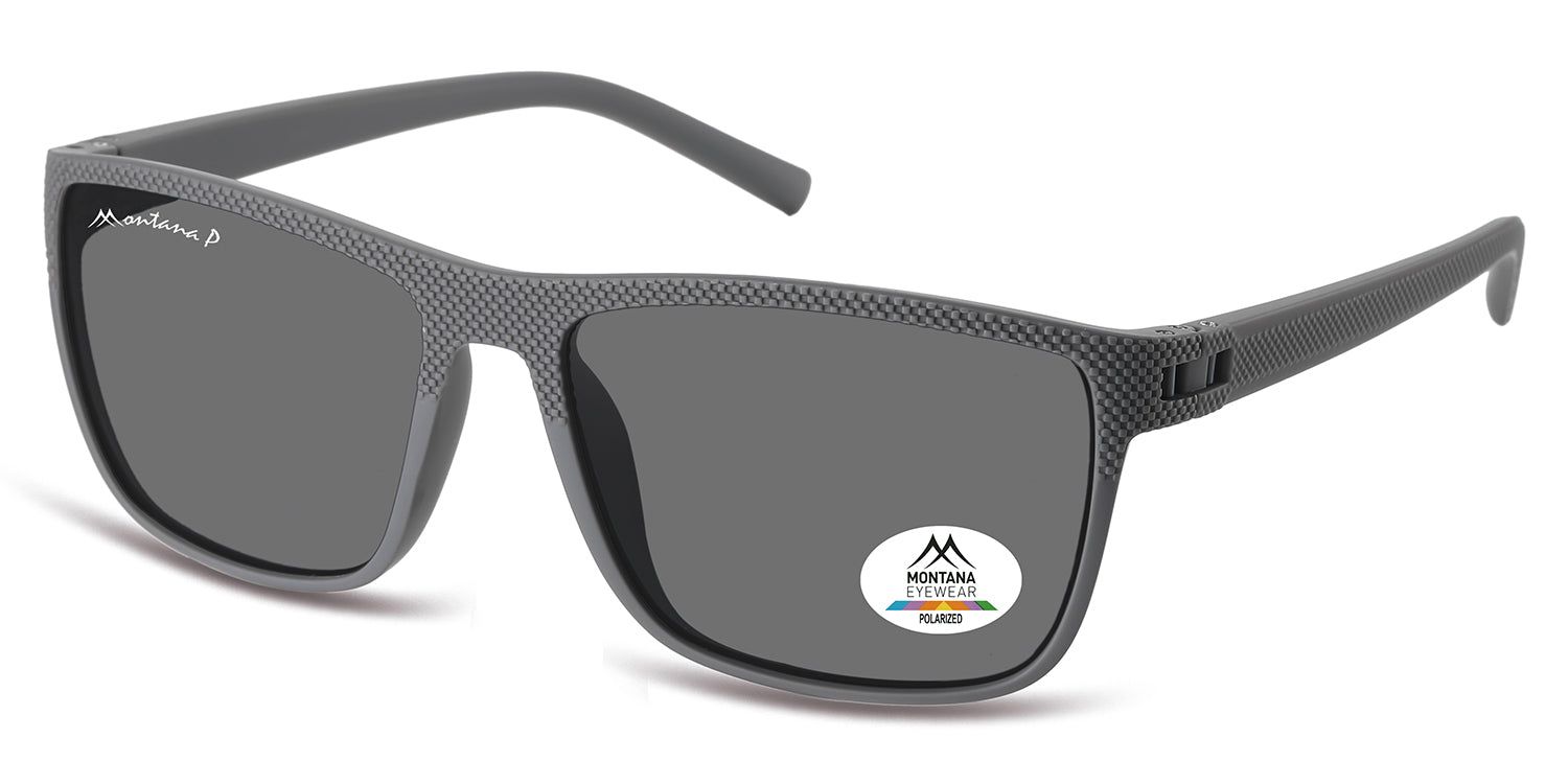 Graue Montana Eyewear Sonnenbrille. Rechteckige Form, dunkle Gläser. Logo und Polarized-Aufkleber. Schwarze Bügel.