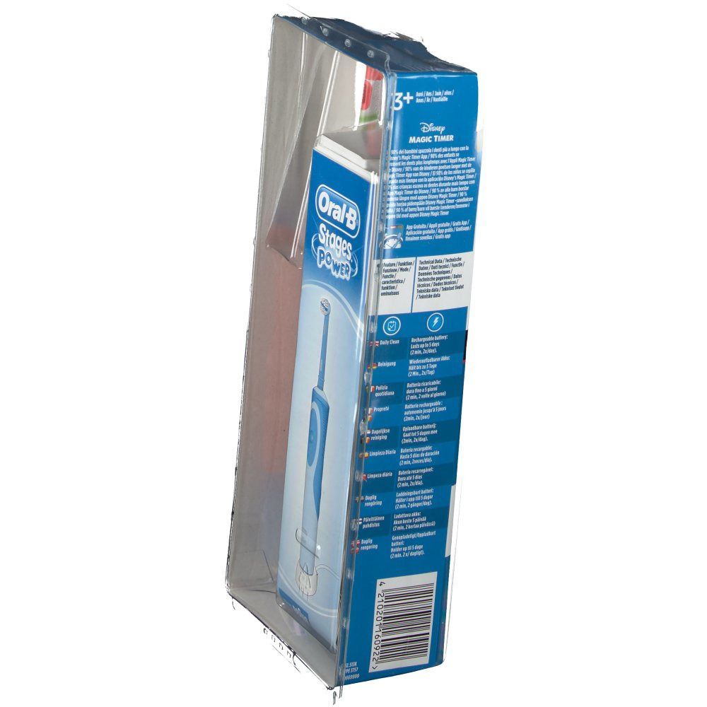 Zahnbürste Oral-B Stages Power in Verpackung. Blaue Zahnbürste, Verpackung mit Logo und Text. Ansicht von der Seite.