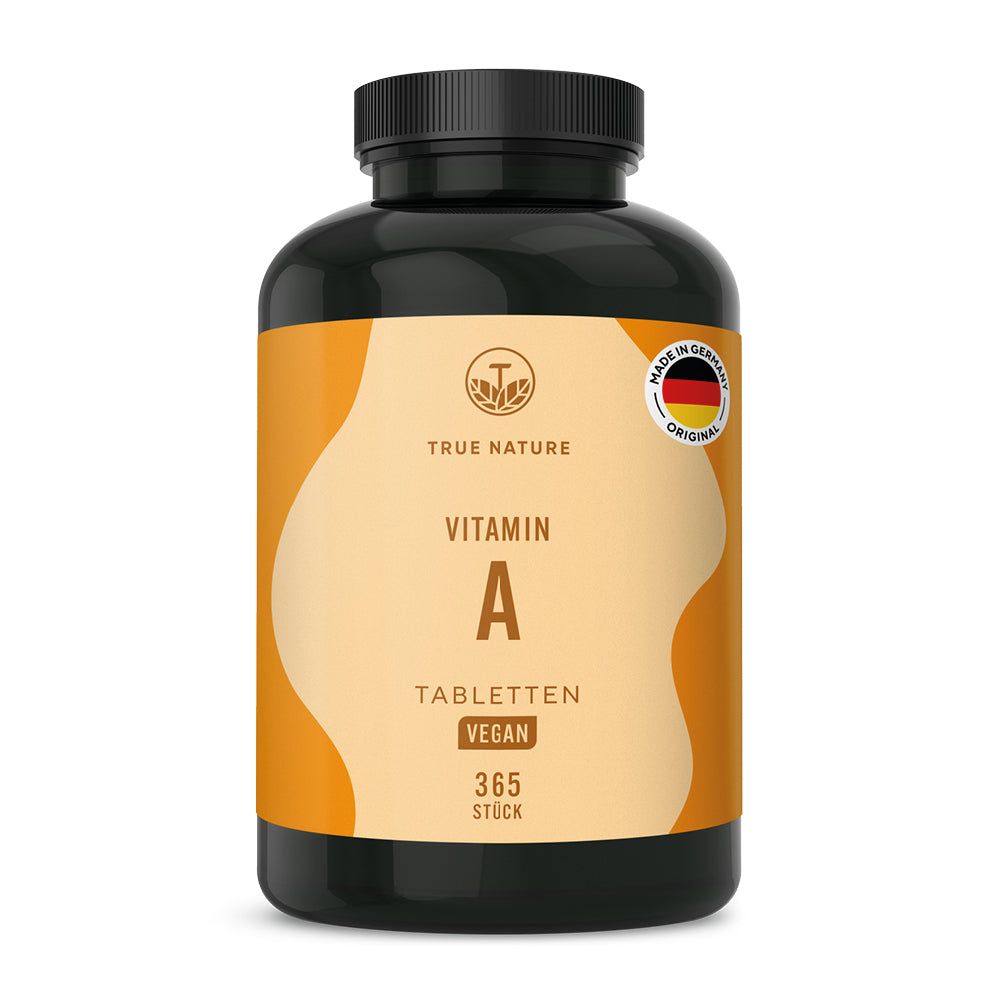 Schwarzer Behälter mit TRUE NATURE Vitamin A Tabletten Etikett, 365 Stück, vegan.