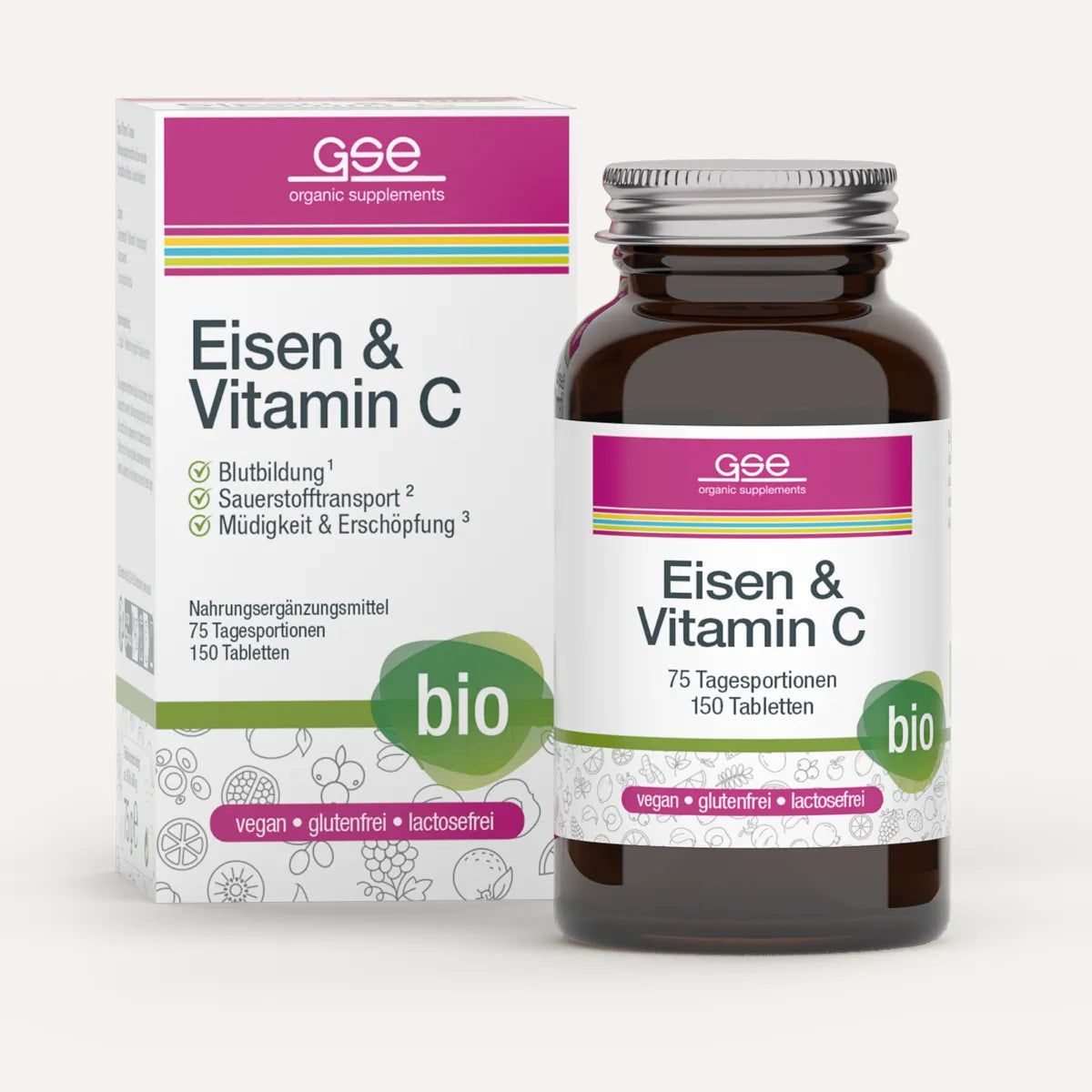 Braune Glasflasche und Karton mit Aufschrift 'Eisen & Vitamin C'. Bio-Siegel, 150 Tabletten. Vegan, glutenfrei, laktosefrei.