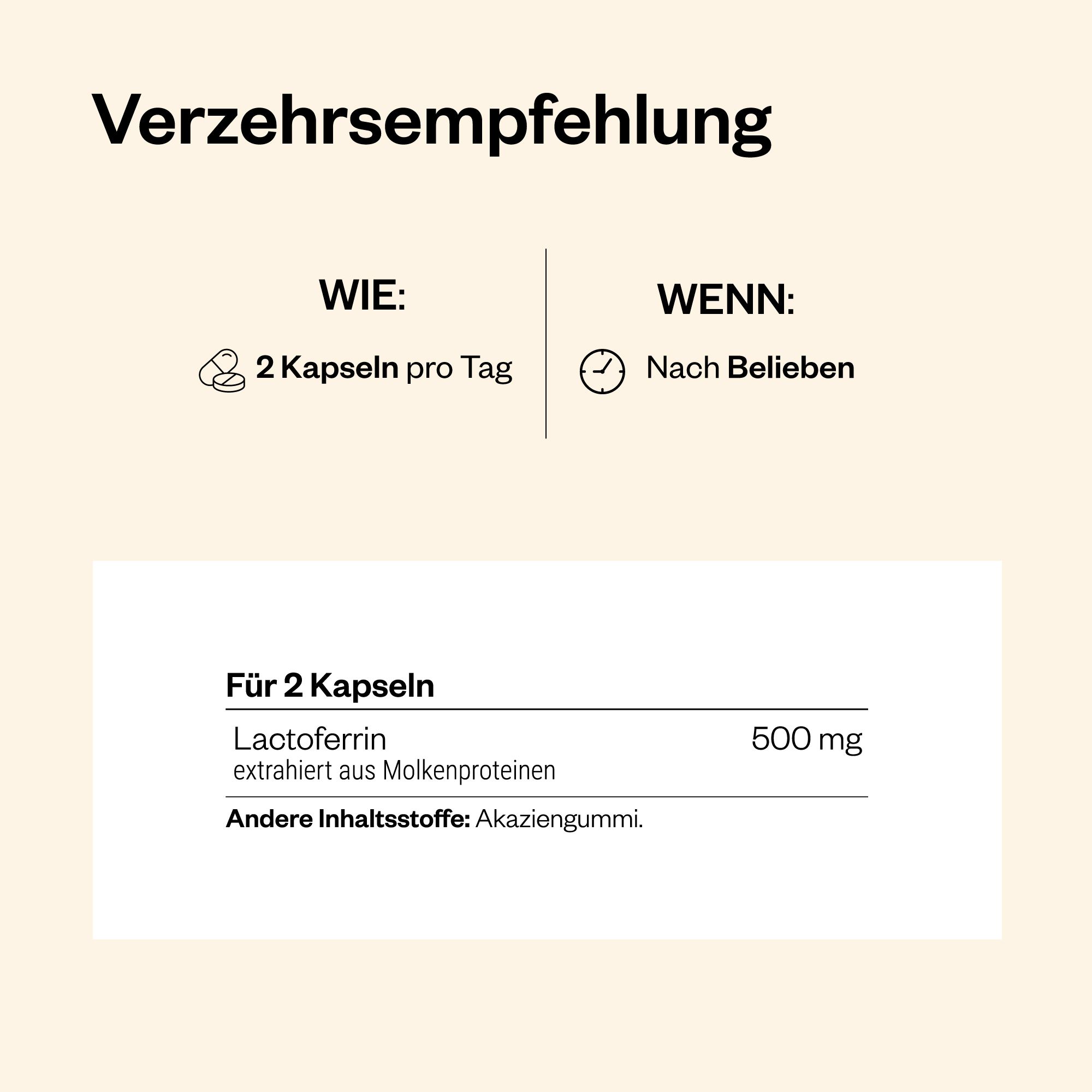 Infografik: Verzehrempfehlung. 2 Kapseln pro Tag. Lactoferrin 500 mg. Andere Inhaltsstoffe: Akaziengummi.