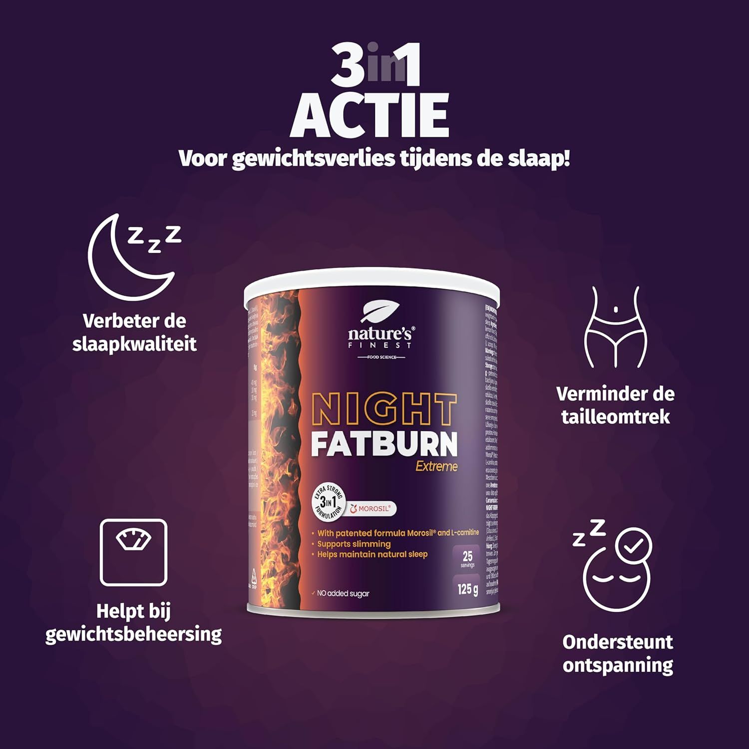 Pot Night Fatburn Extreme, omringd door sinaasappels en munt. Op witte doek.