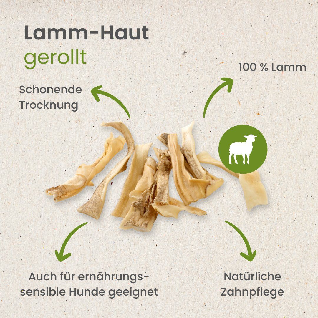 Gerollte Lammhaut für Hunde, schonend getrocknet, 100% Lamm.