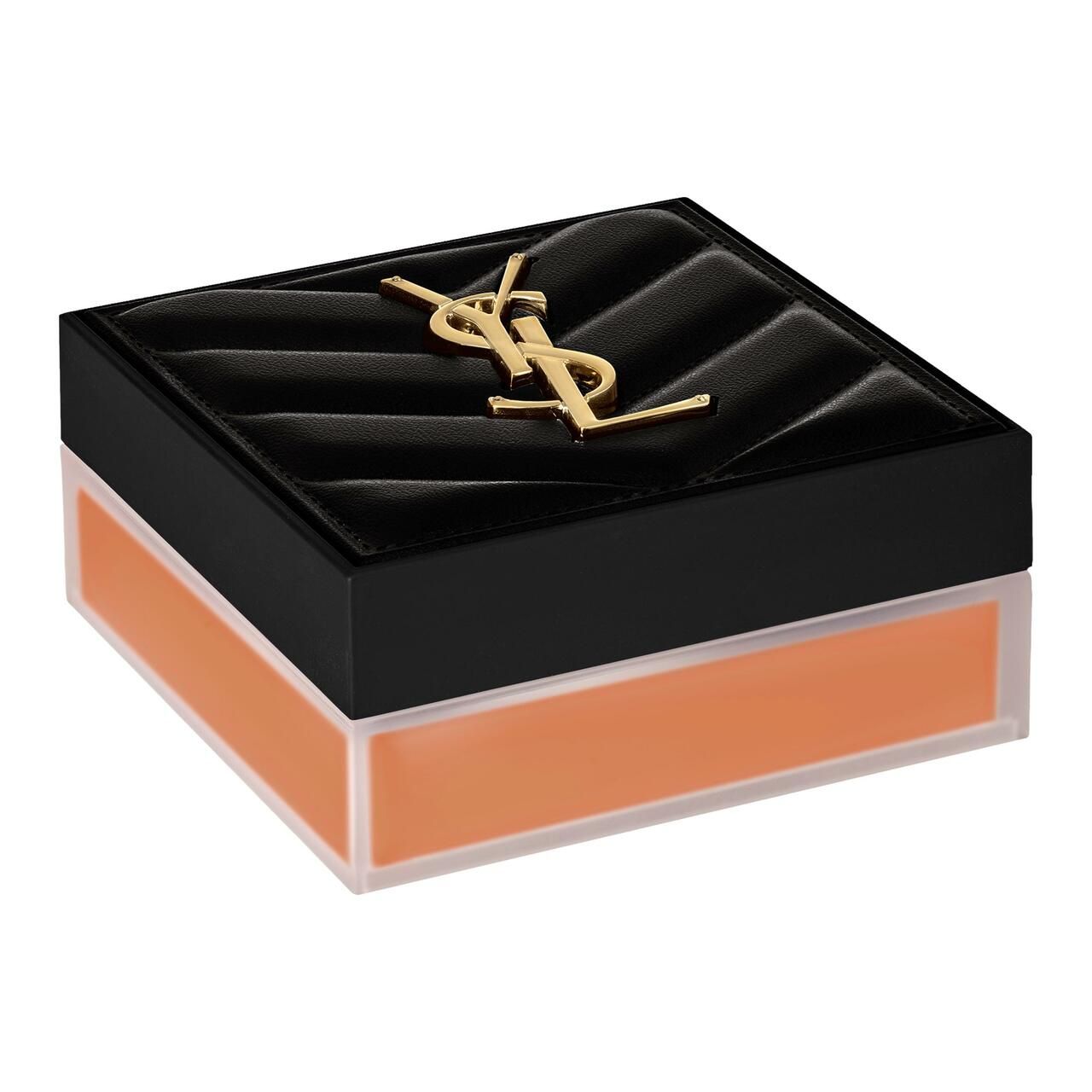 Kompaktpuder mit schwarzem Deckel und goldenem Logo. Unterteil transparent mit Inhalt. Quadratische Form.