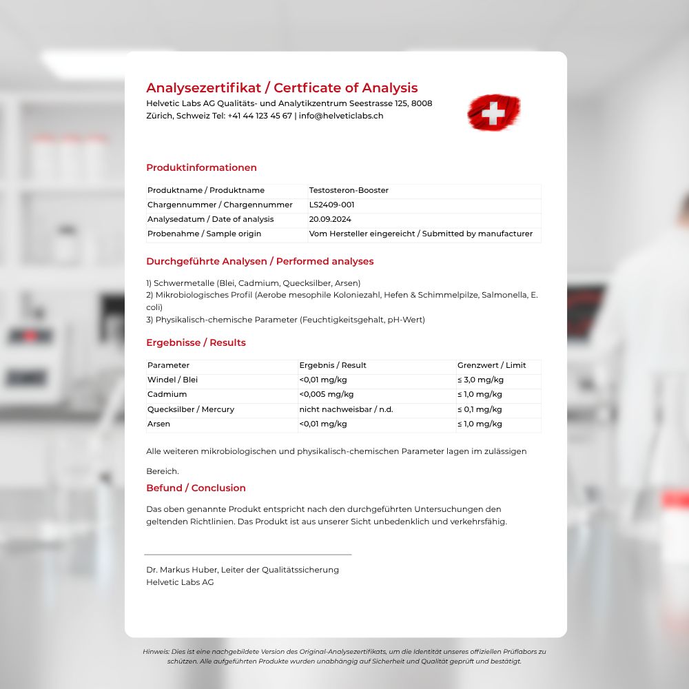 Analyse-Zertifikat. Text: Helvecic Labs AG. Ergebnisse: Blei, Cadmium, Quecksilber, Arsen. Konformitätserklärung.