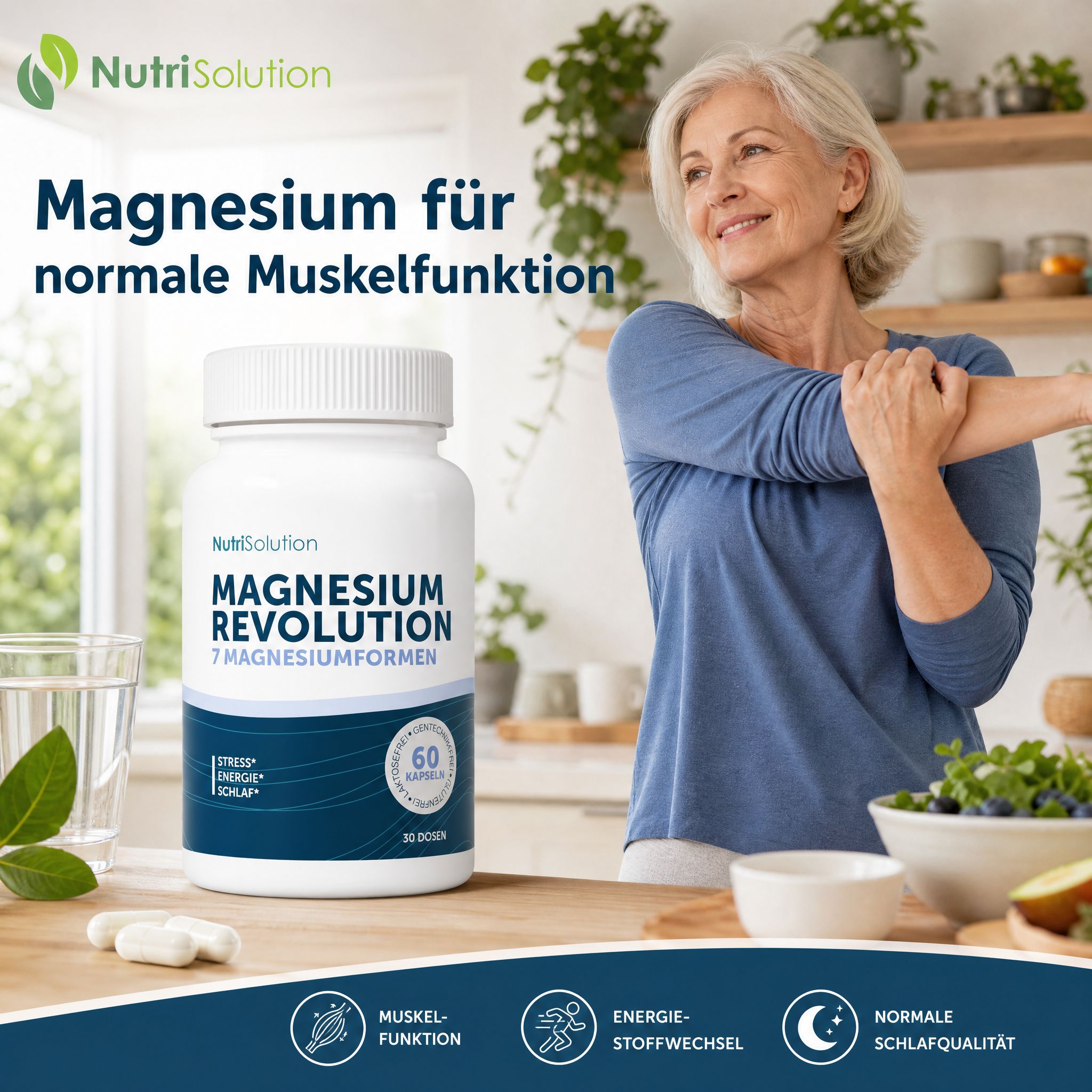 NutriSolution Magnesium Revolution Flasche mit 60 Kapseln für normale Muskelfunktion und Energie.