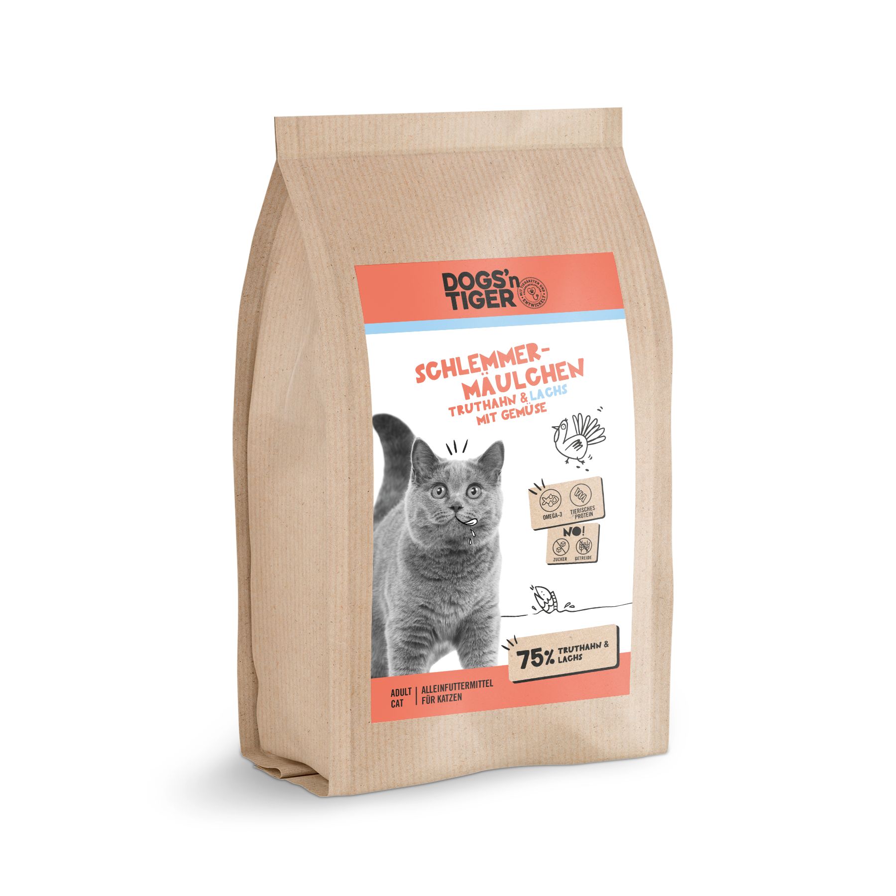 Dogs’n Tiger Adult Premium Katzenfutter, Trockenfutter, Schlemmermäulchen, Truthahn & Lachs