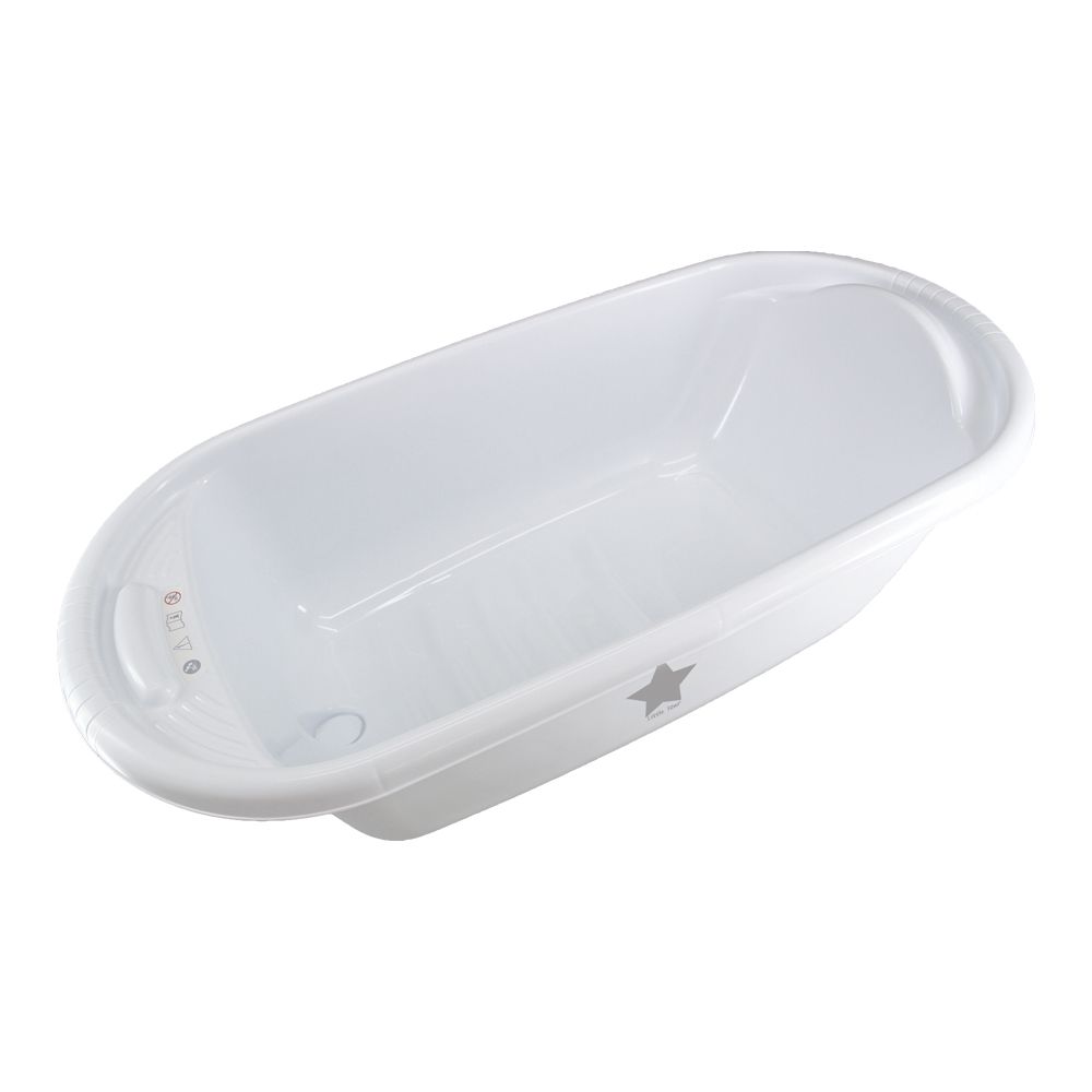 Weiße Babybadewanne mit Stern-Logo. Ovale Form, leicht geneigt. Ablauföffnung am Boden.