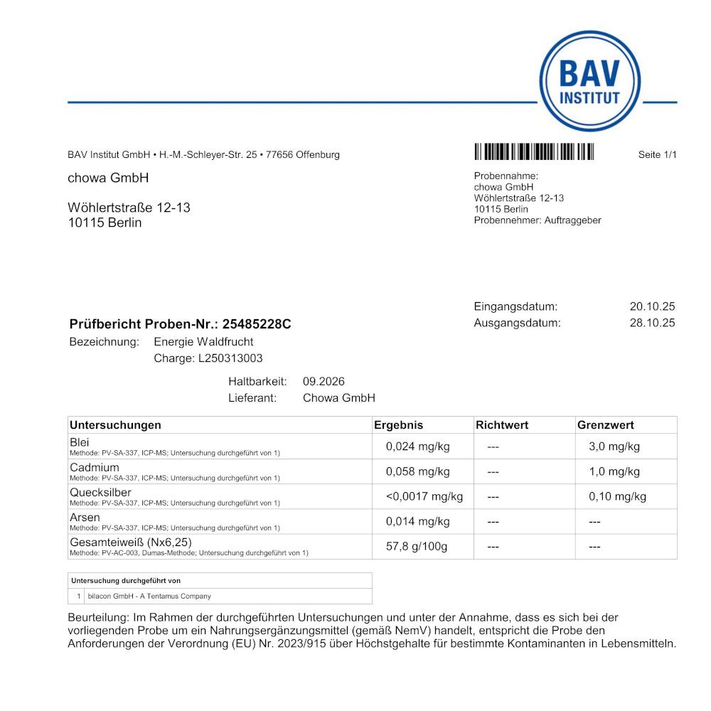 Prüfbericht des BAV Instituts. Angaben zu Probenname, Datum, Untersuchungsergebnissen und Grenzwerten.