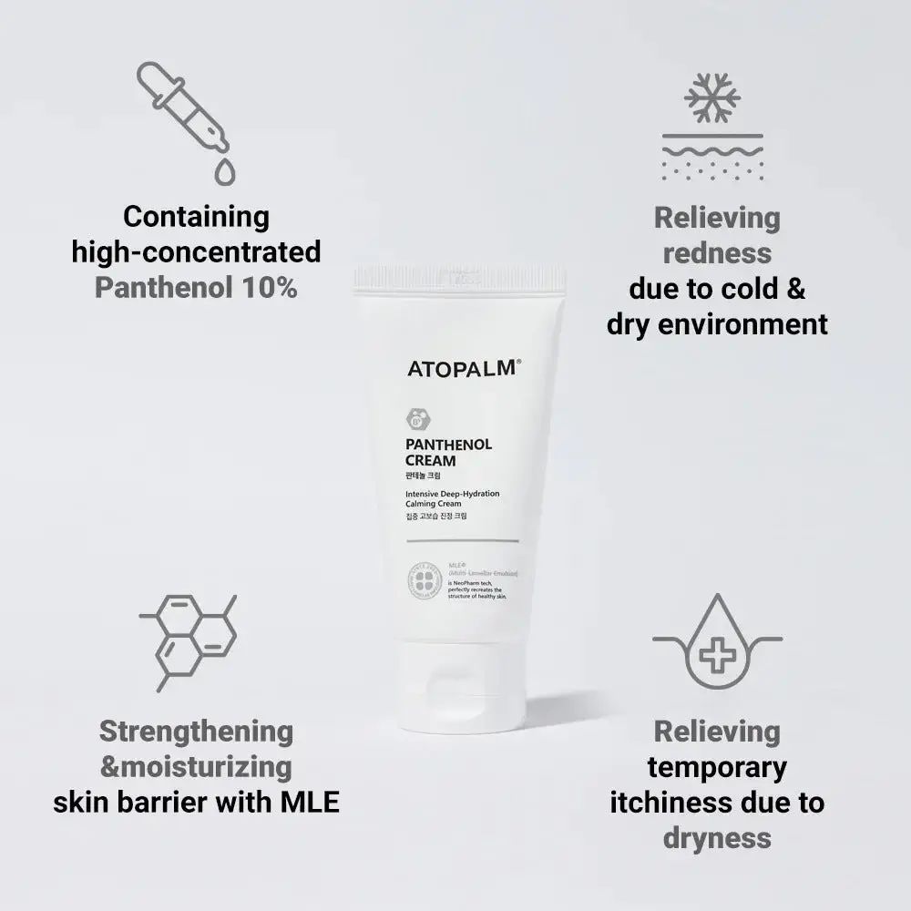 Weiße Tube mit Produktnamen und Logo, umgeben von Icons. Aufschrift: ATOPALM, Panthenol Cream. Text: Intensive Deep-Hydration.