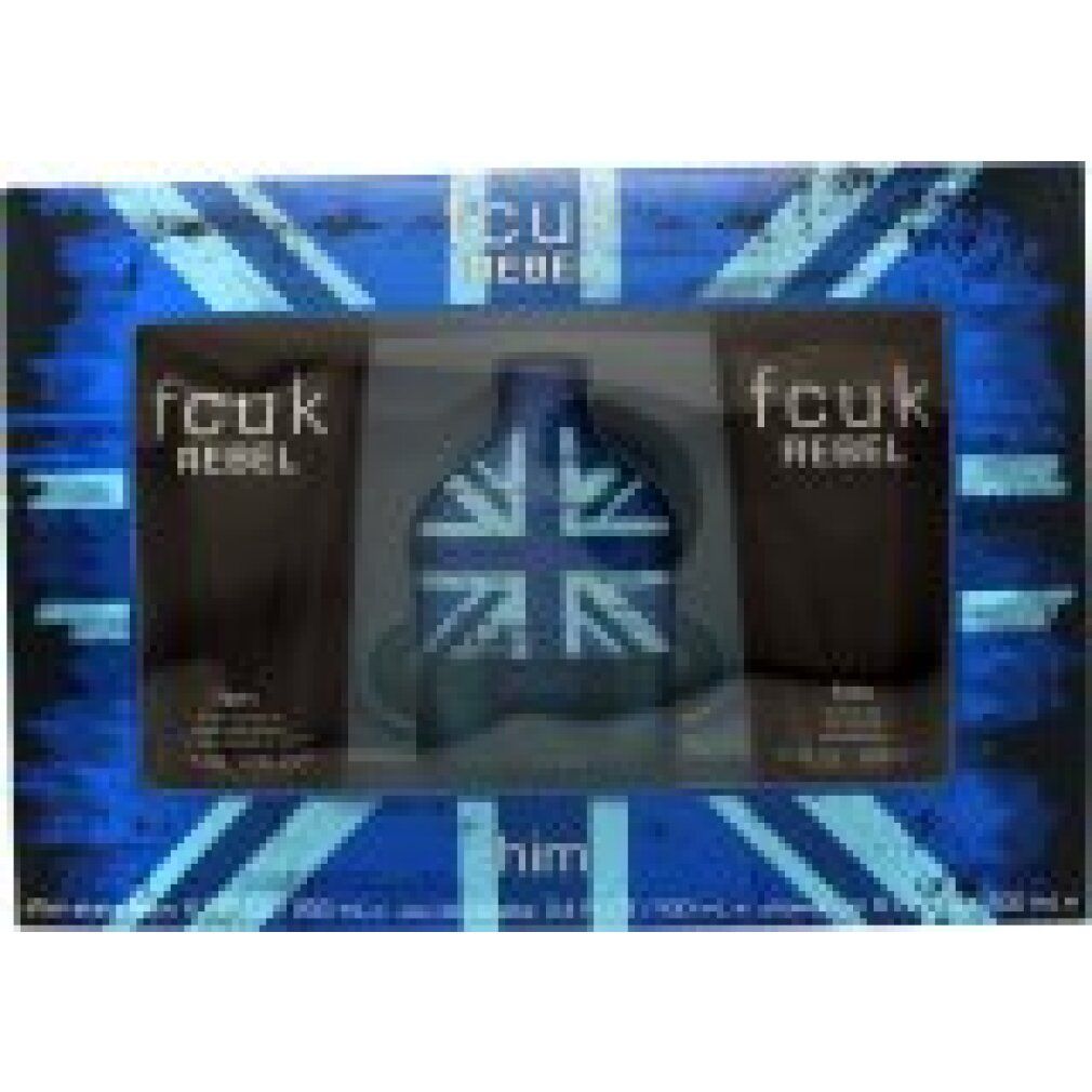 Geschenkset mit Aftershave, Duschgel und Eau de Toilette. Verpackung mit Union Jack-Design und Produktnamen.