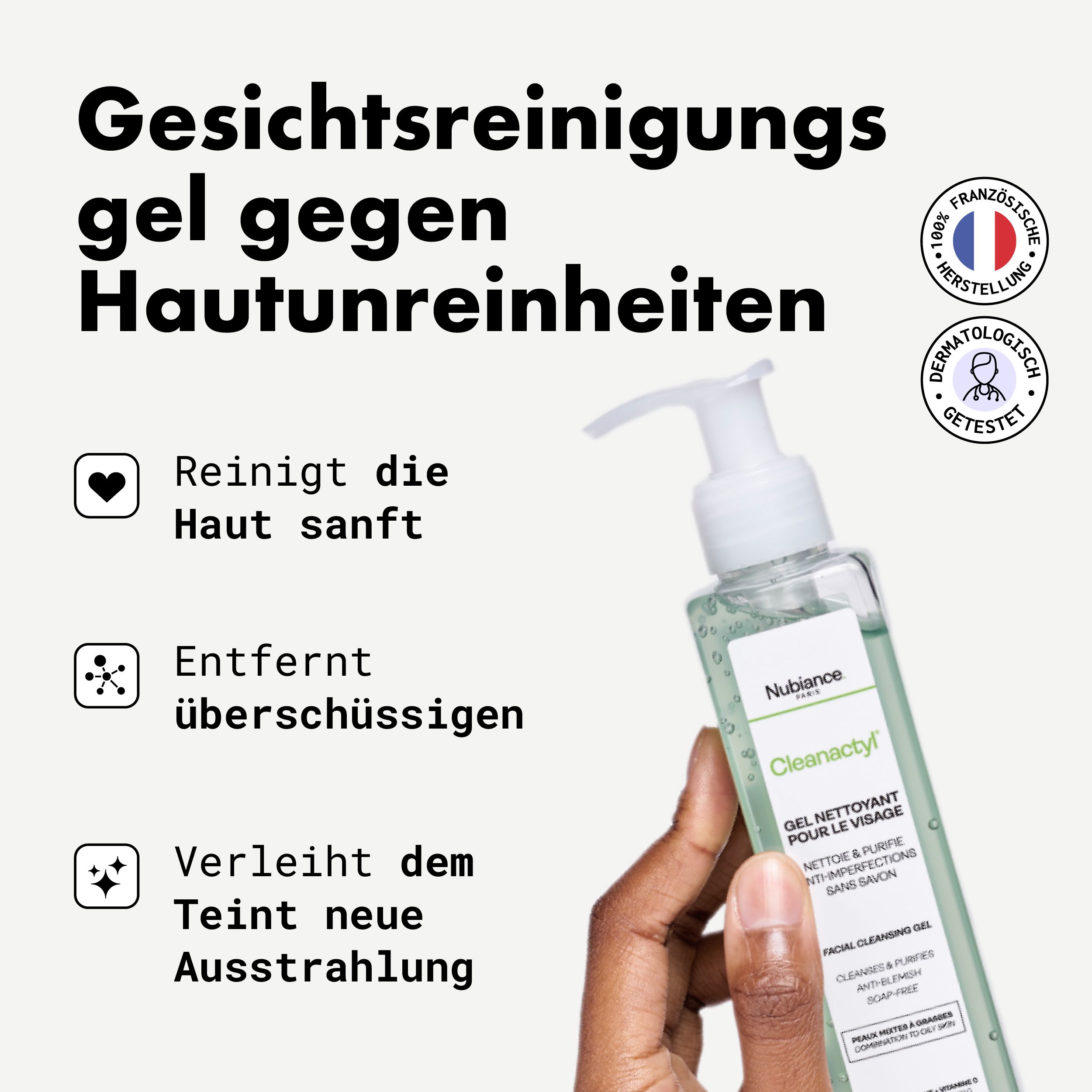 Gesichtsreinigungsgel mit Pumpe. Aufschrift: Nubiance, Cleanactyl, Gel Nettoyant, Anti-Imperfections, 200 ml. Symbole.