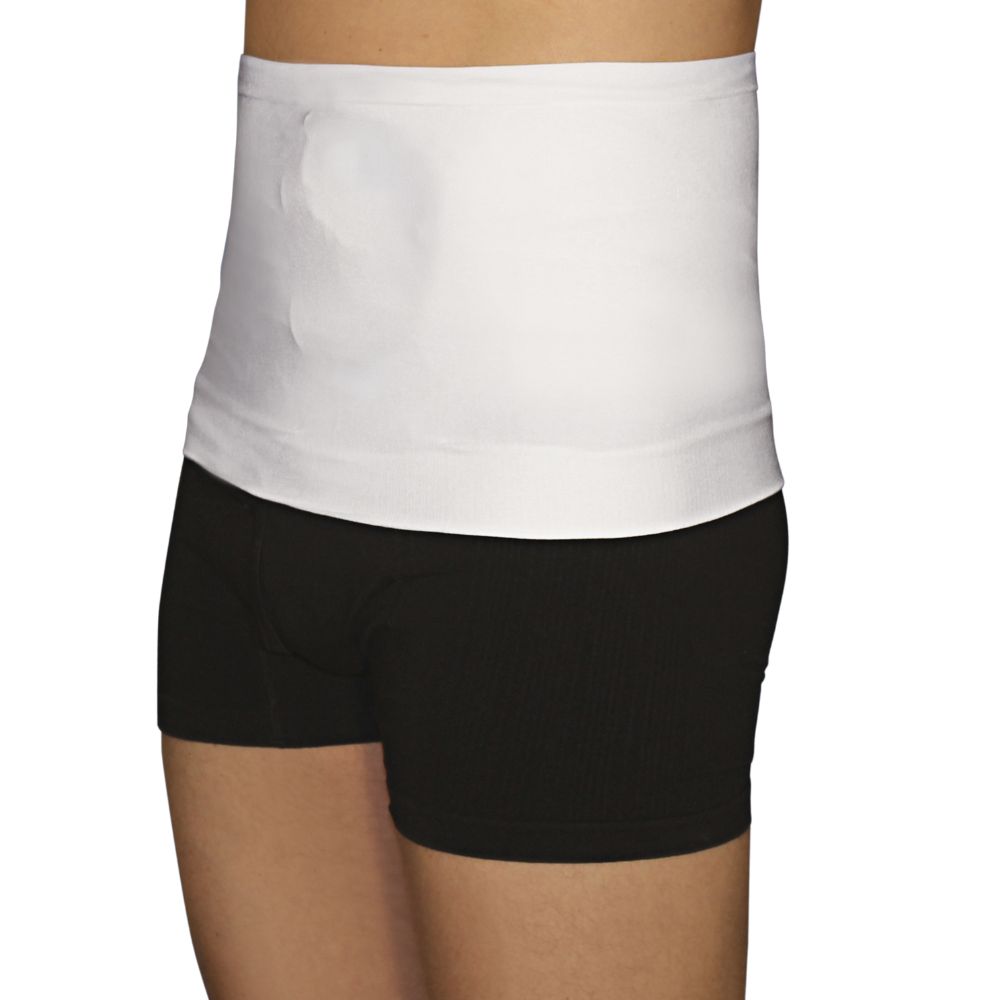 Weißer Bauchgurt, getragen von einer Person. Schwarze Unterhose. Seitenansicht.