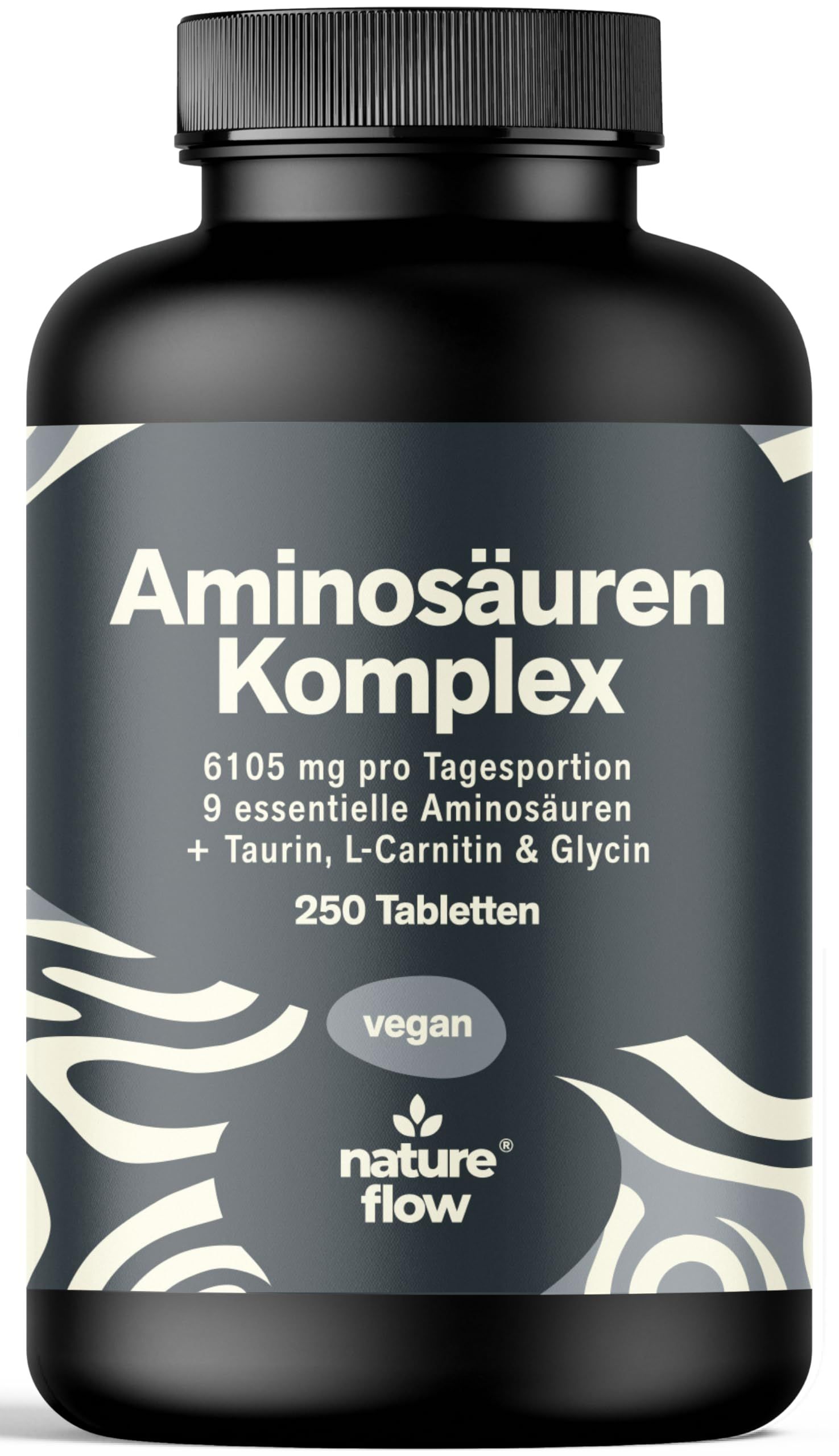 Schwarze Flasche mit Aminosäuren Komplex Tabletten. Aufschrift: 250 Tabletten, vegan, Nature Flow Logo.