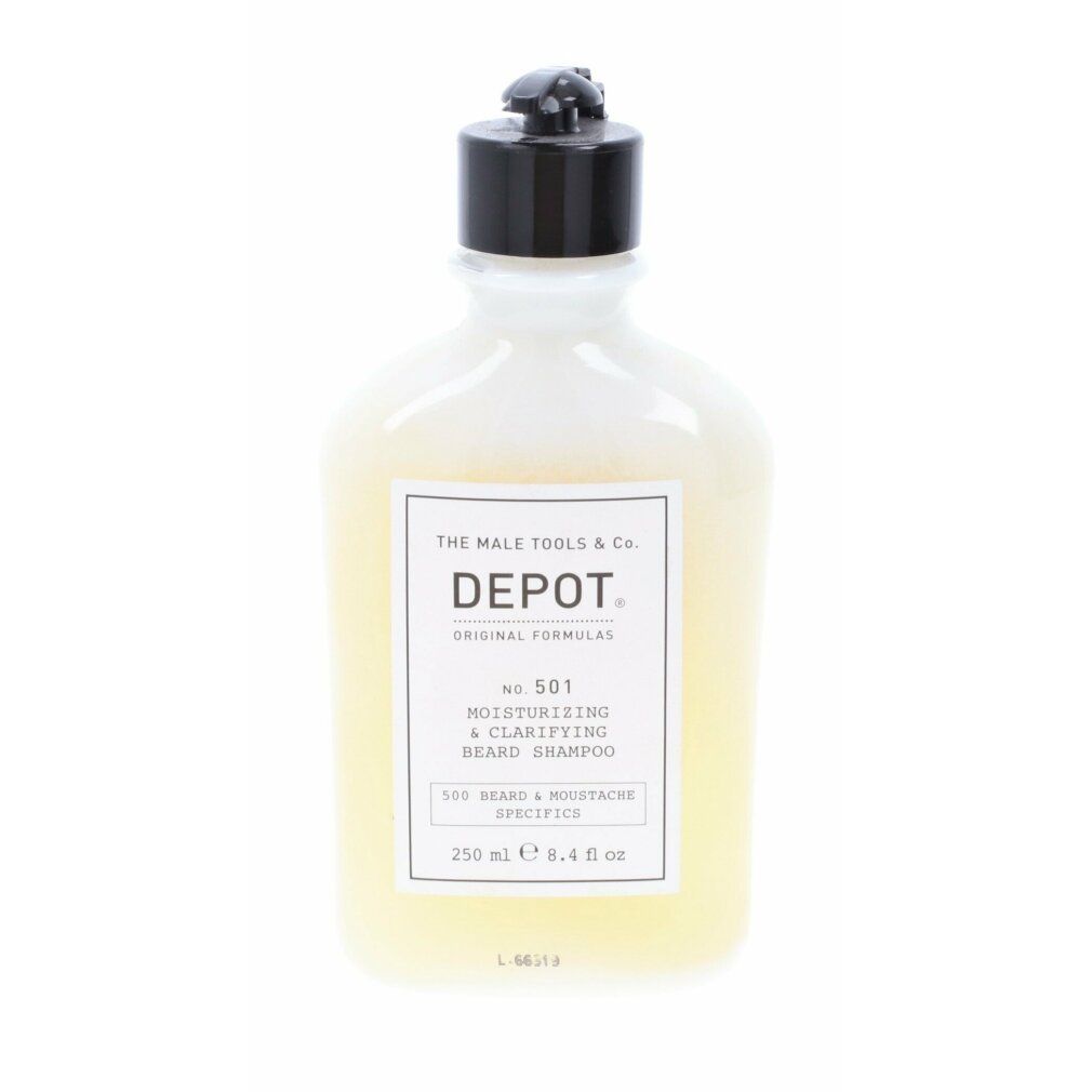 Behälter mit Depot 501 Bartshampoo. Weißes Etikett mit Produktinformationen. Schwarzer Pumpverschluss.