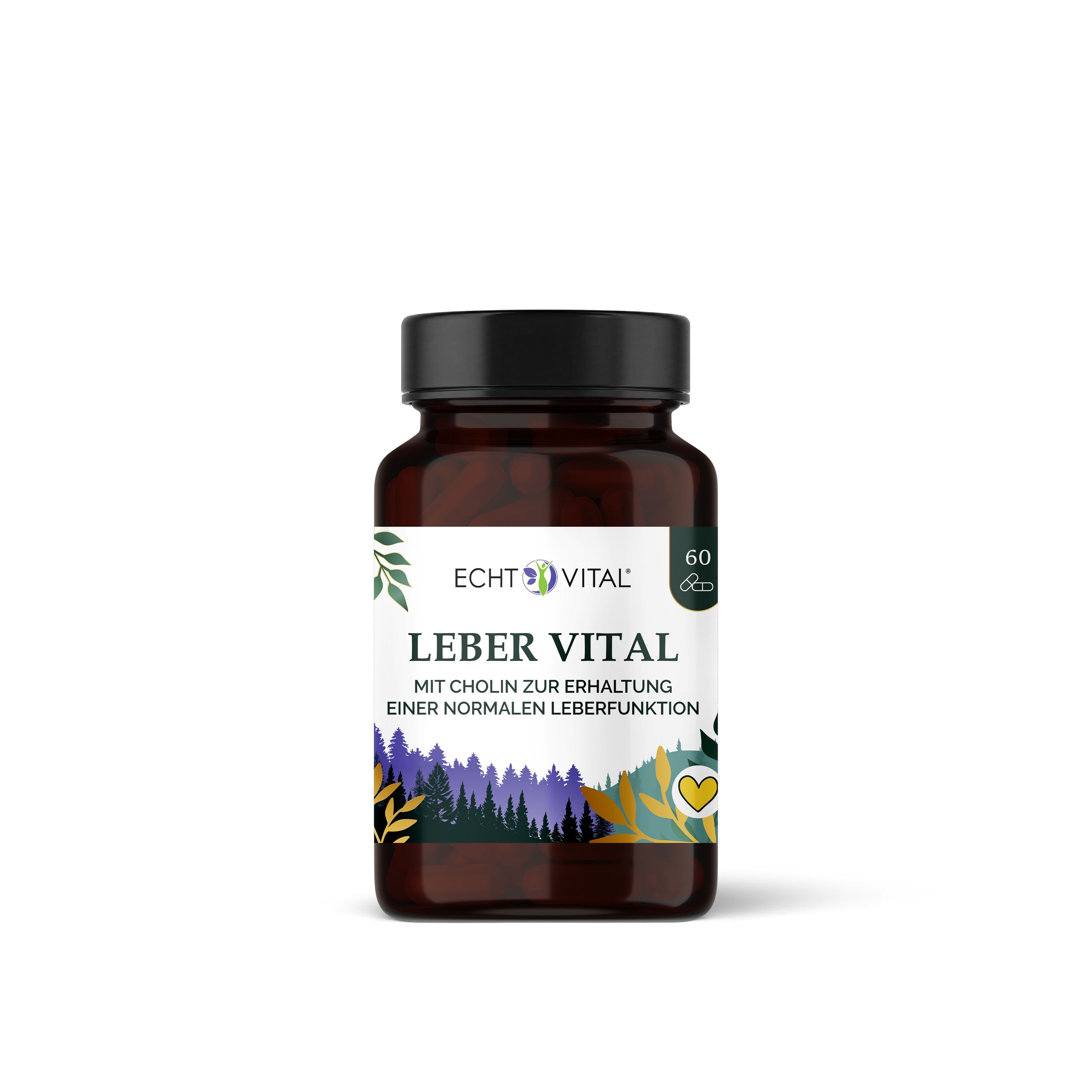 Braune Flasche mit 60 Kapseln. Aufschrift: Echt Vital Leber Vital. Mit Cholin zur Erhaltung einer normalen Leberfunktion. Schwarzer Deckel.