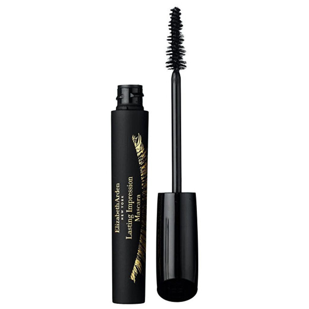Schwarze Mascara-Tube mit Bürste. Aufschrift: Elizabeth Arden, Lasting Impression Mascara.