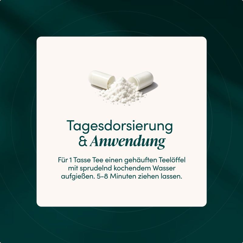 Geöffnete Kapsel mit weißem Pulver, umgeben von Granulat. Text: Tagesdosierung & Anwendung.