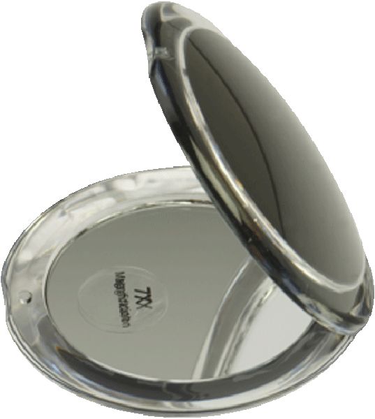 Runder Taschenspiegel, Acryl, 7-fach Vergrößerung. Geöffnet, Spiegel zeigt 7x Vergrößerung. Schwarze Rückseite.