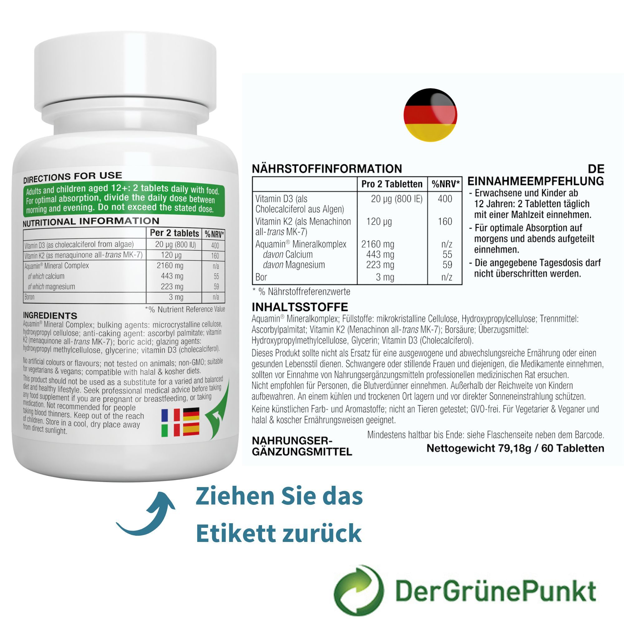 Rückseite der Igennus Calcium & Magnesium Flasche mit Nährwertangaben und Einnahmeempfehlung.