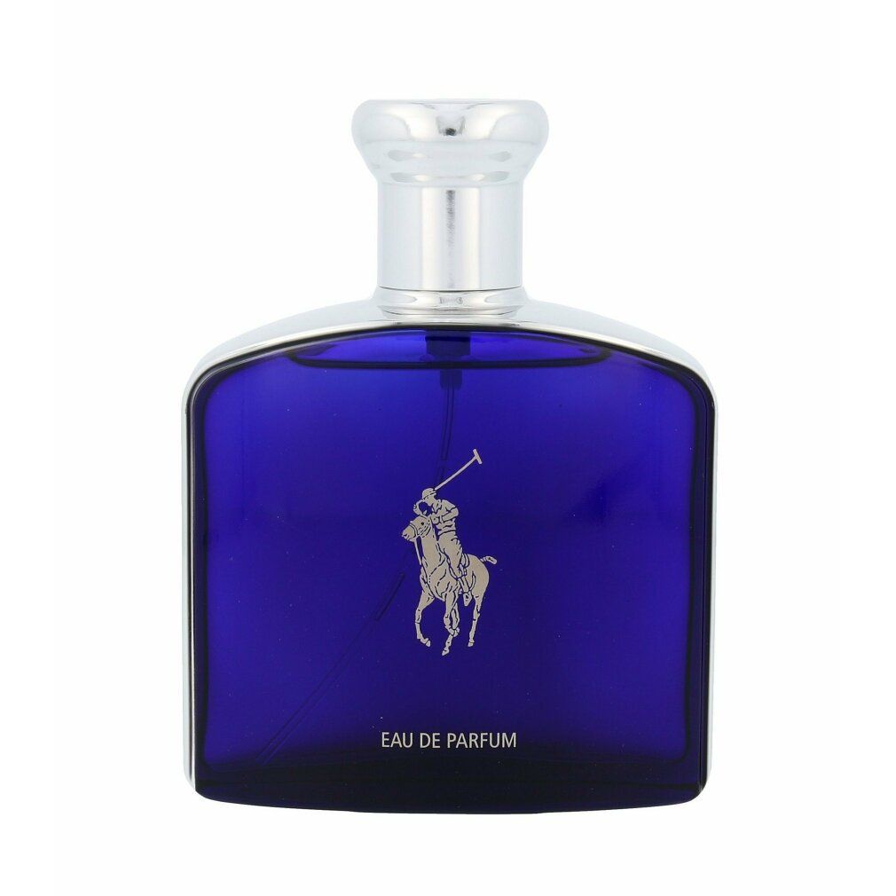 Blaues Parfümflakon mit silbernem Verschluss. Auf dem Flakon ist ein Reiter-Logo und Eau de Parfum geschrieben.