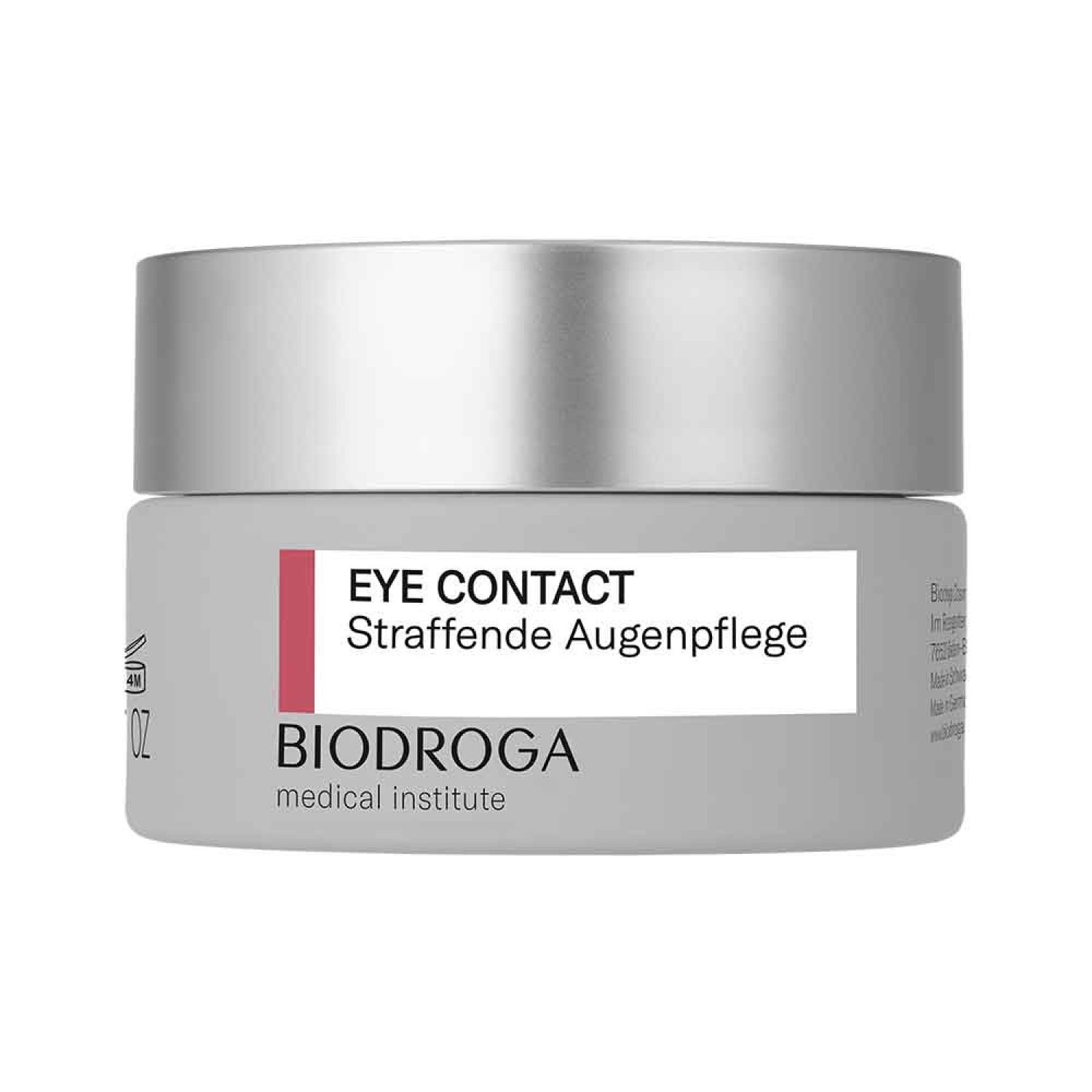 Cremebehälter mit silbernem Deckel. Aufschrift: EYE CONTACT Straffende Augenpflege. Marke: BIODROGA medical institute.
